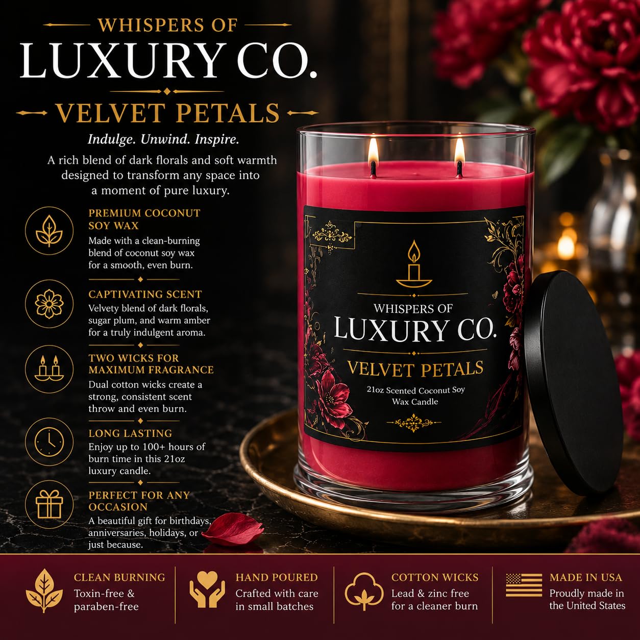 Velvet Petals - Candela di cera di soia al cocco, barattolo grande da 595 g, con durata fino a 150 ore