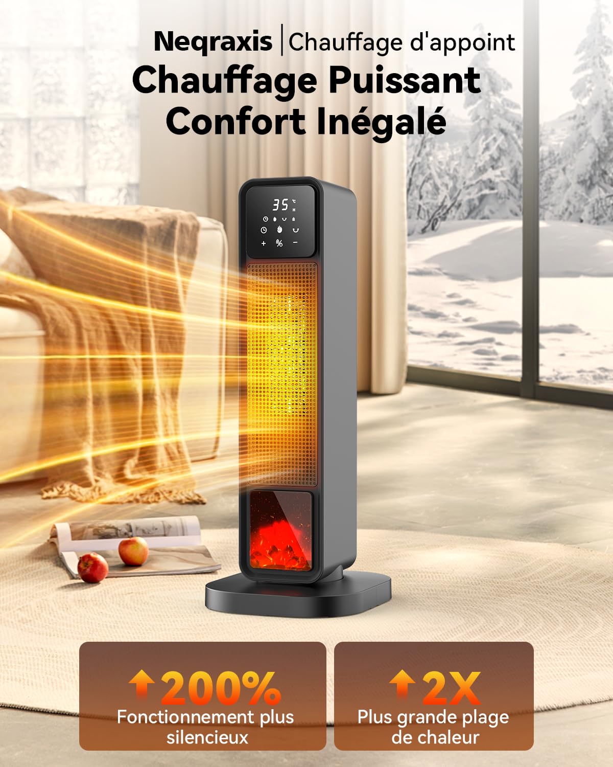 Chauffage d’appoint avec Flamme 3D, Chauffage Electrique Oscillant 70°, Radiateur Electrique Céramique PTC 2200W, 4 Modes, Mode ECO, Minuterie 12H, Silent, Contrôle Précis, Protection Multiple, Maison