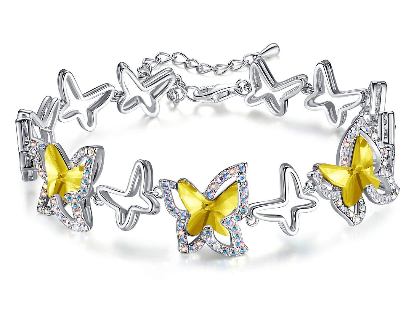 Butterfly Link Charm Bracelet, Birthstone Crystal, for Women, Silver Tone Jewelry, Anniversary Birthday Gift for Her, Wife &amp; Mom, 7"+2" Chain