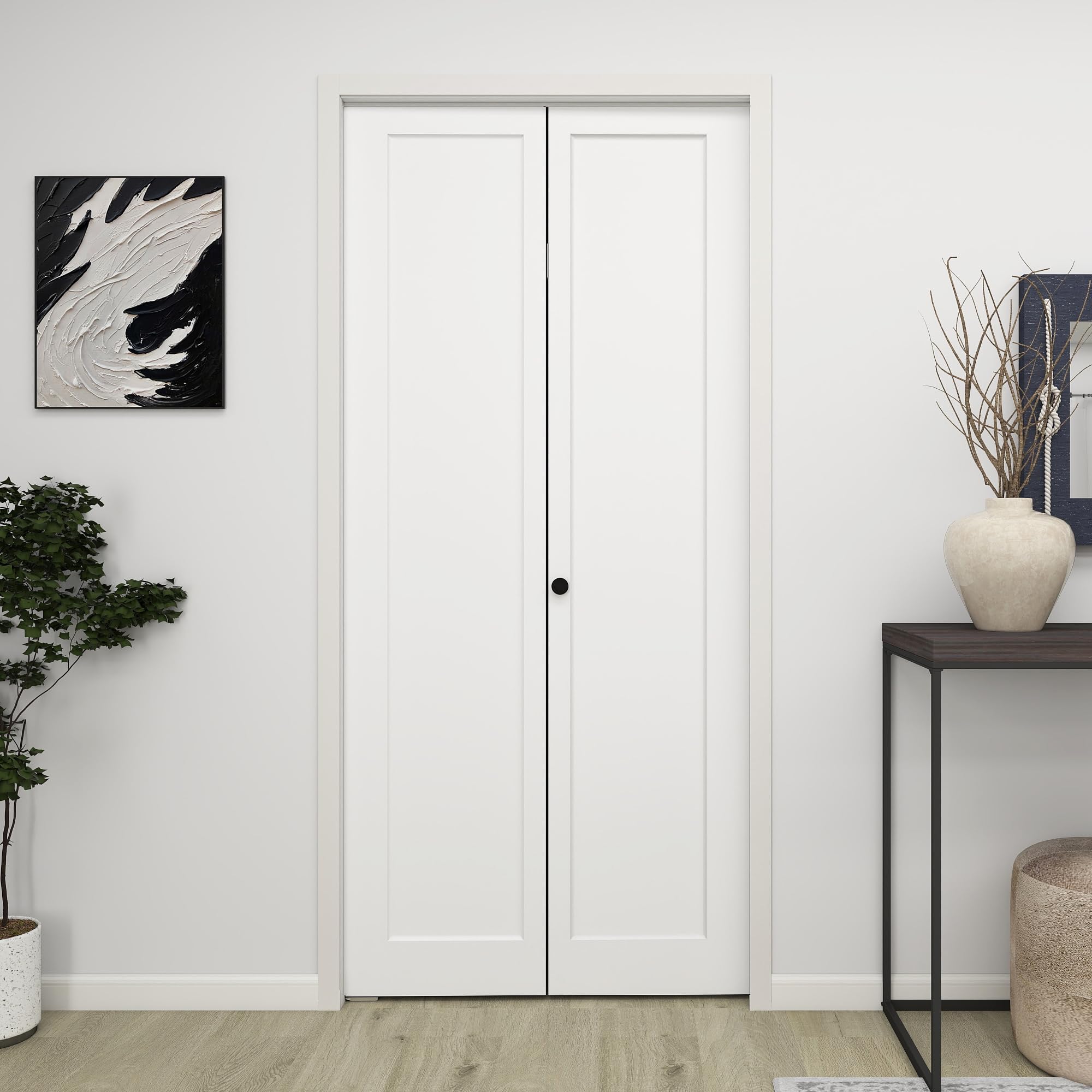 BarnSmith 36 in.x 80 in. Bifold Barn Door, 1 Panel Shaker Style White Primed Bifold Closet Door, Hollow Core Interior Barn Doors with Hardware Kit