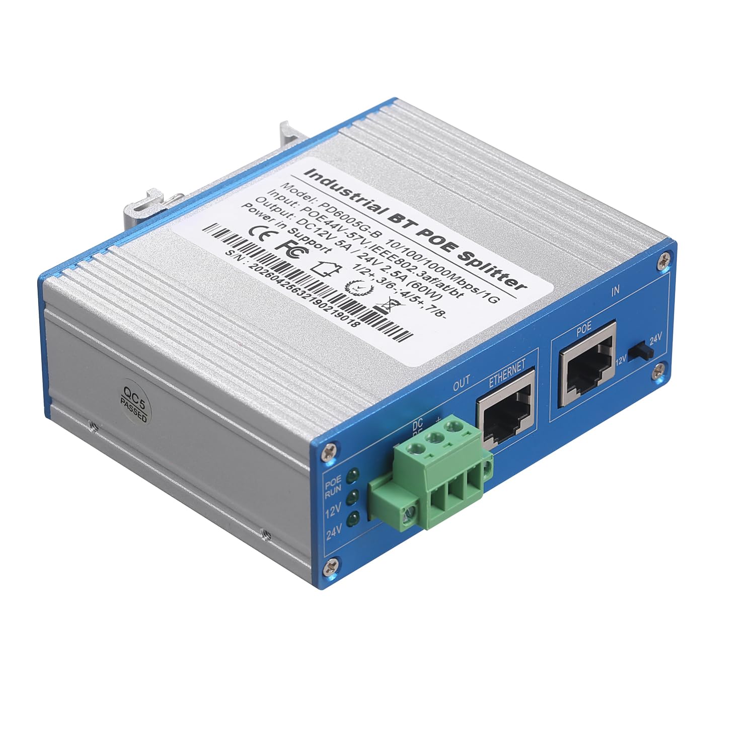 Industrieller 60 Watt Gigabit BT PoE Splitter auf DC 12V/24V Leistungsausgang, 10/100/1000Mbps IEEE802.3BT, für Nicht PoE Geräte bis zu 100 m, Plug and Play (PD6005G-B)