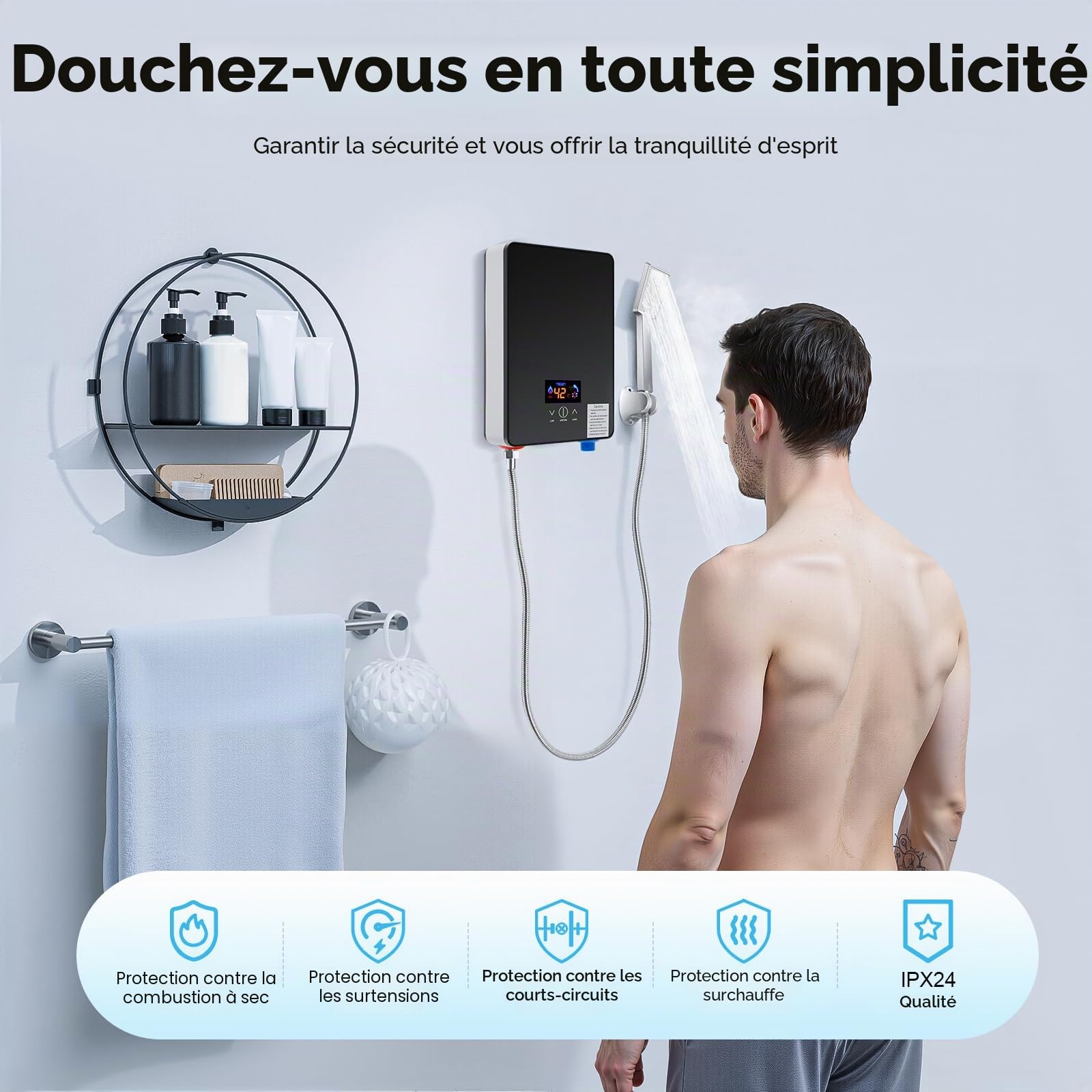 Chauffe-eau instantané, mini chauffe-eau électronique AC220V 6500W avec pommeau de douche, température 30-55℃, chauffe-eau de douche sans réservoir pour cuisines, salles de bains, restaurants