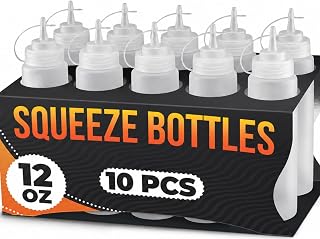 BURIUS 10-Pack Plastic Condiment Squeeze Bottles 12 oz | Narrow-tip plastic bottles for honey, syrup, ketchup, mayo, dressing and oil; leak-resistant 10 pack for BBQ and catering