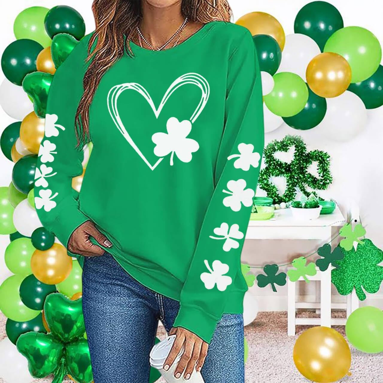 St. Patrick’s Day Sweatshirts for Women, Lightweight Shamrock Clover Graphic Long Sleeve Casual Irish Loose Fit Tops - Image 2