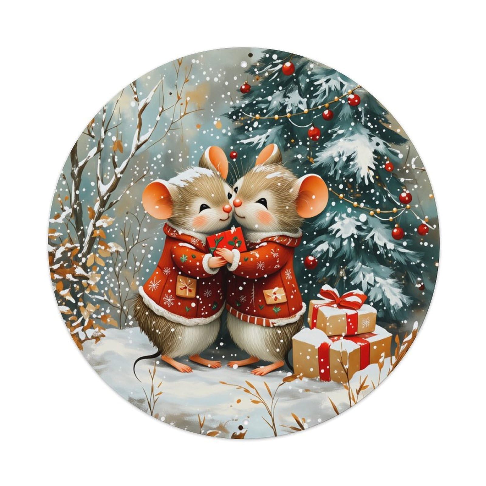 Christmas Mice Snowy Tree Gifts Round Tin Sign Vintage Metal Poster, Home Bar Garage Man Cave Cafe Indoor & Outdoor Wall Decoration 8x8Inches