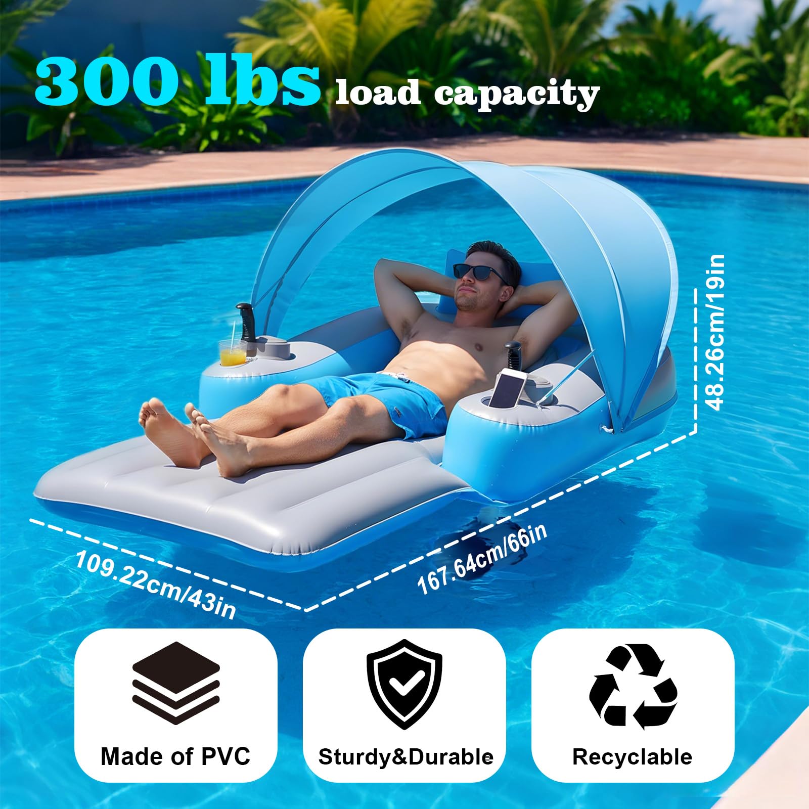 Lettino motorizzato per piscina, galleggiante motorizzato con tettuccio parasole staccabile, elica elettrica girevole a 360 gradi, zattera galleggiante in PVC resistente per piscine, laghi e feste in