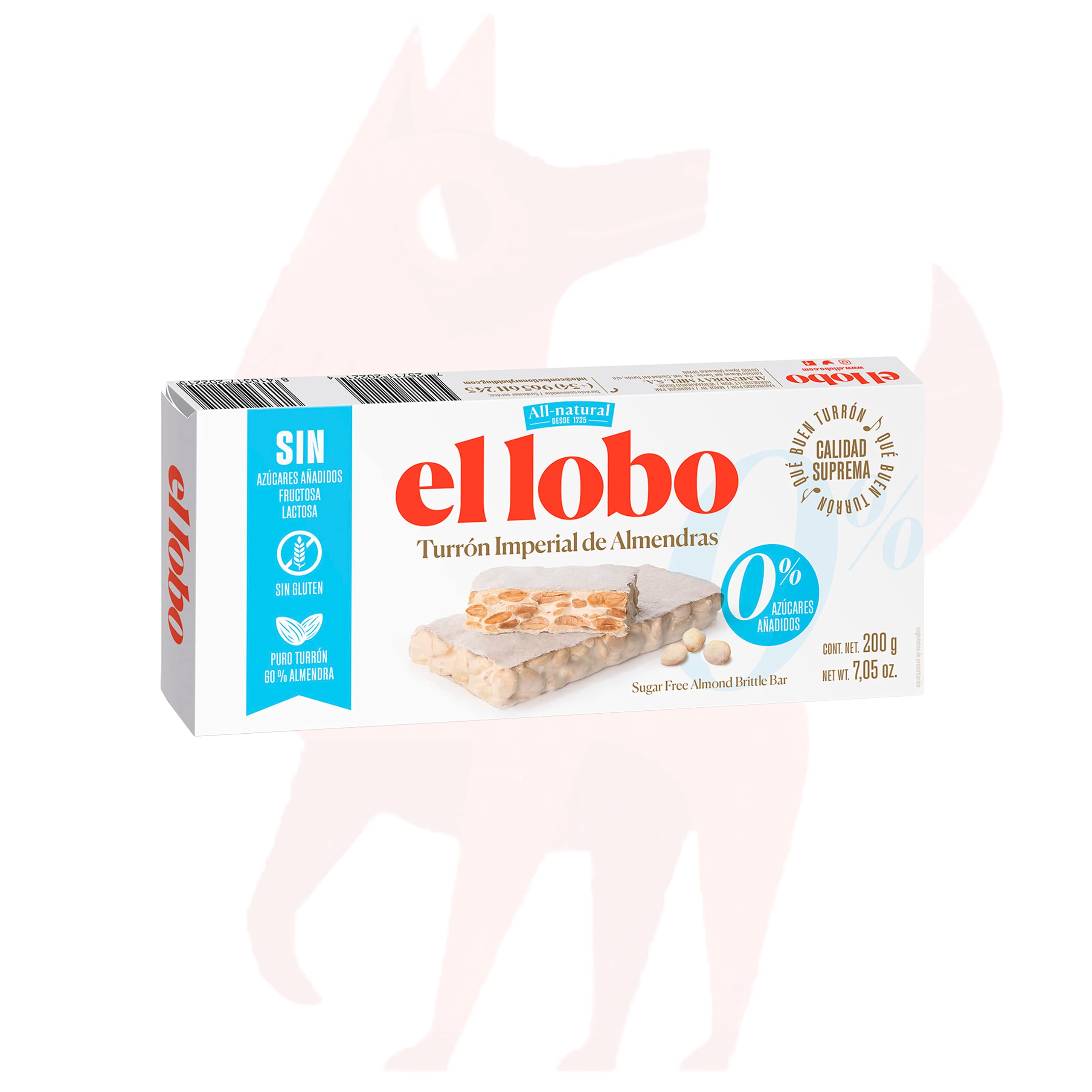 EL LOBO Turrón Duro Imperial Sin Azúcar Añadido Almendra Clara de Huevo 200g