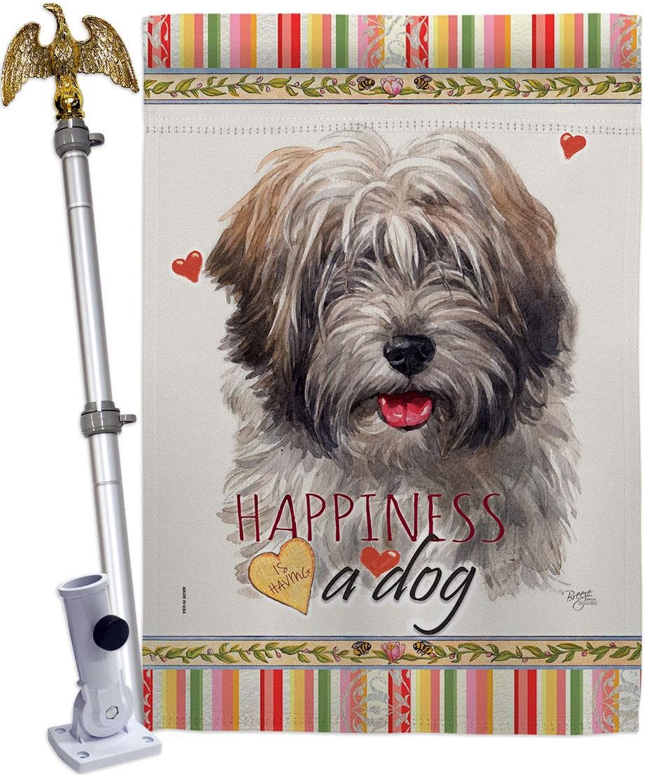 Tibetan Terrier Happiness House Flag Dowel Set Animals Dog Puppy Spoiled Paw Canine Fur Pet Nature Farm Animal Creature Small Decorative Gift Yard Banner Made In USA 28 X 40