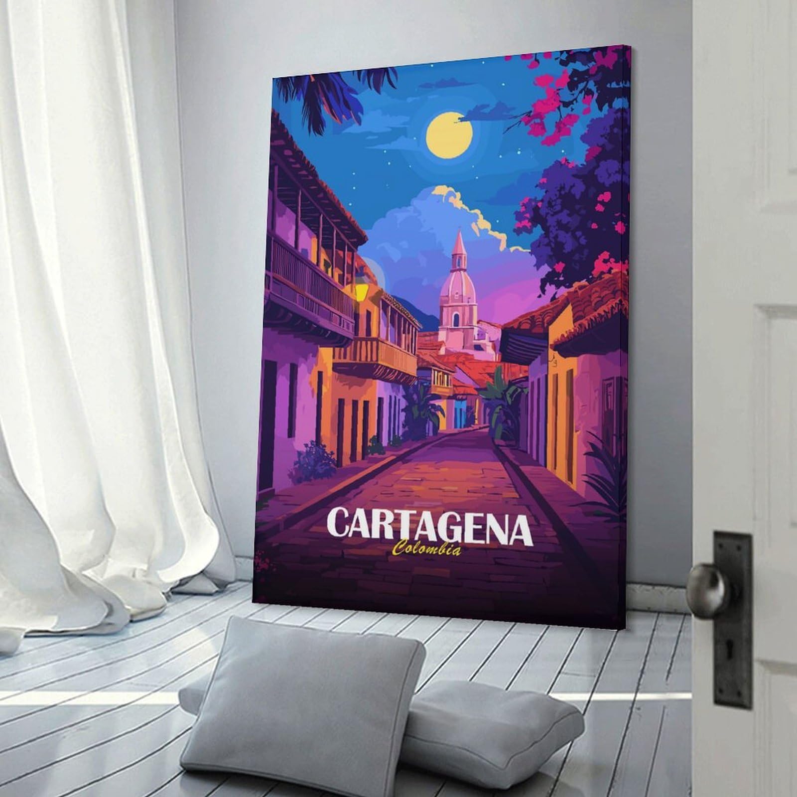 Junmoney Canvas Wall Art Cartagena Colombia Street View Illustration, 08x12inch(20x30cm), for Bedroom, Guest Room Or Reading Nook, Canvas Wall Decor for Personal Spaces