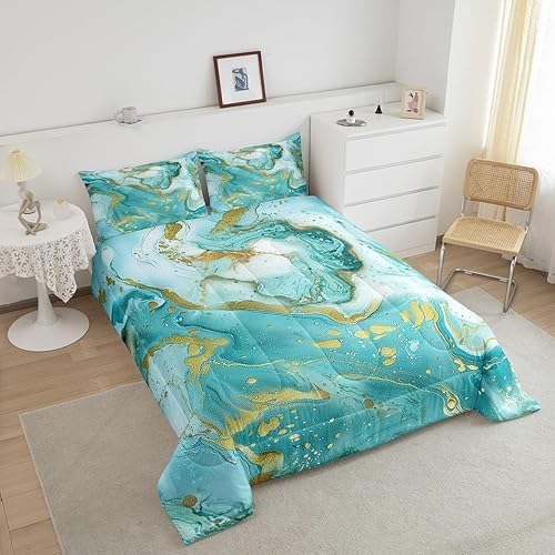 Miniatura 3 de Manfei Juego de edredón de mármol turquesa, tamaño matrimonial, juego de ropa de cama de 3 piezas para niños y niñas, decoración de habitación de