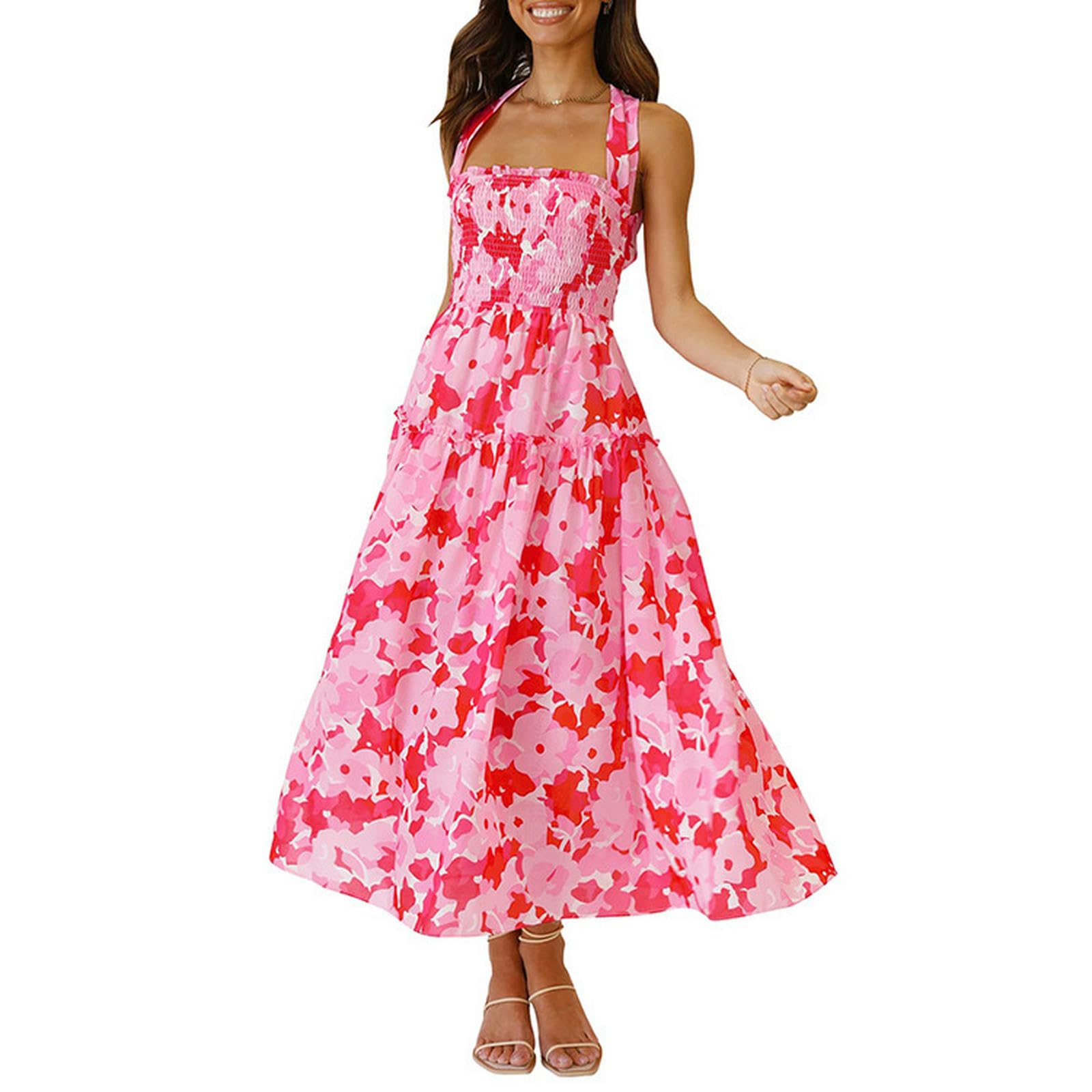 Robe mi-longue smockée style bohémien sans manches été XL