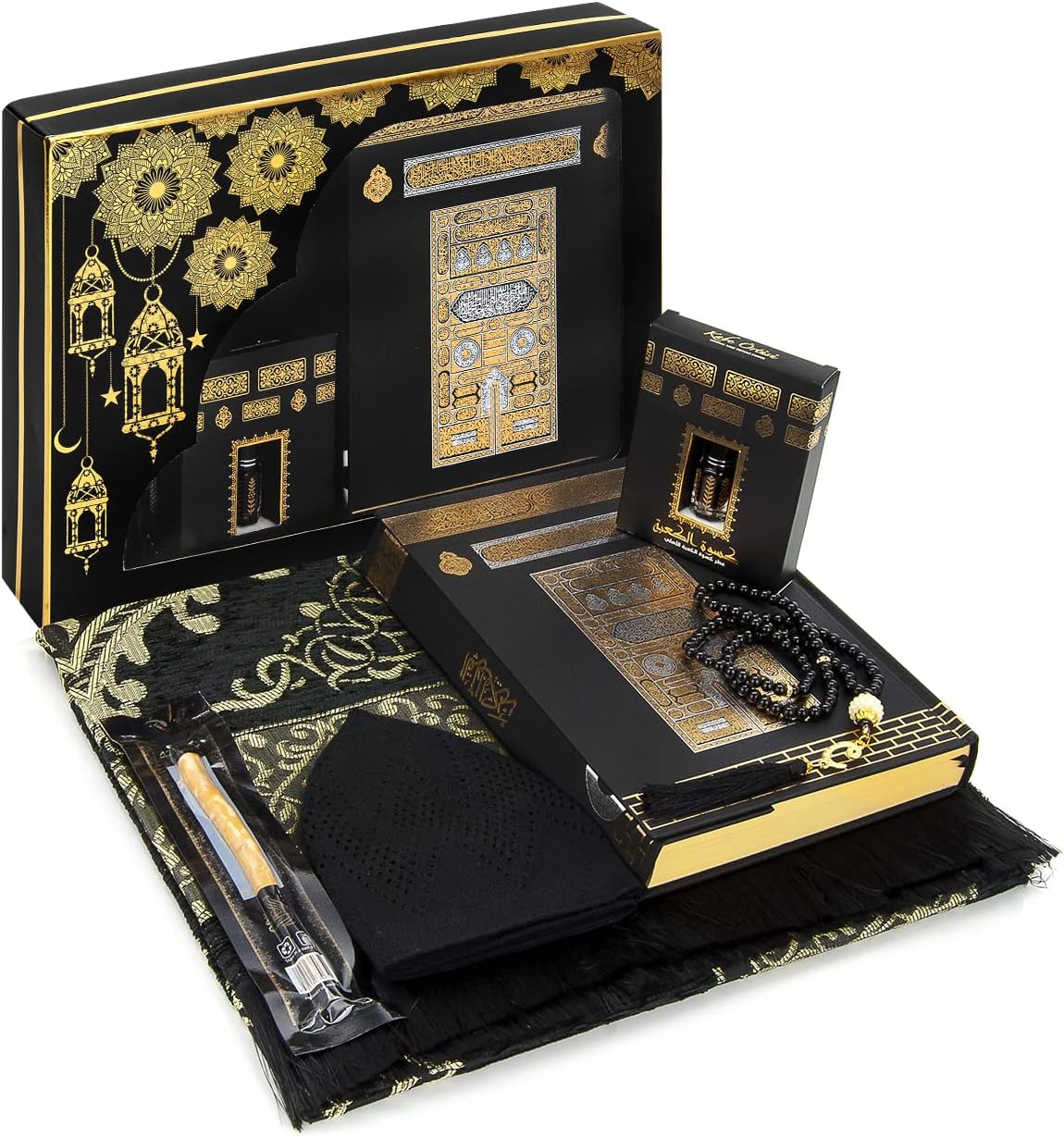 ihvan online Prayer Gift Box for Hajj and Umrah, Muslim Prayer Rug, Islamic Mat, Beads Tesbih, Holy Quran, Miswak, Muslim Kufi Hat, Islamic Deluxe Set for Ramadan & Eid Gift, Black/Set 2