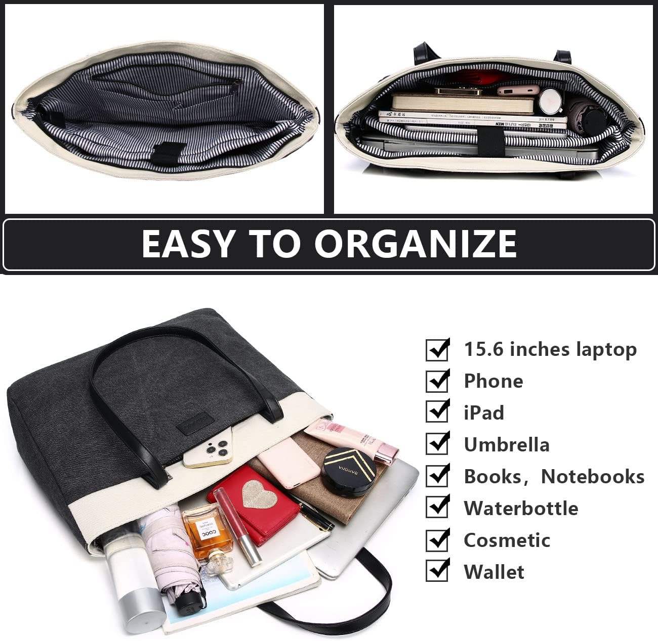 RAVUO Tote Bag for Women, Water Resistant 2PCS Set 15.6 Inch Laptop Travelling Bags Work Teacher Purse W Portable Pouch