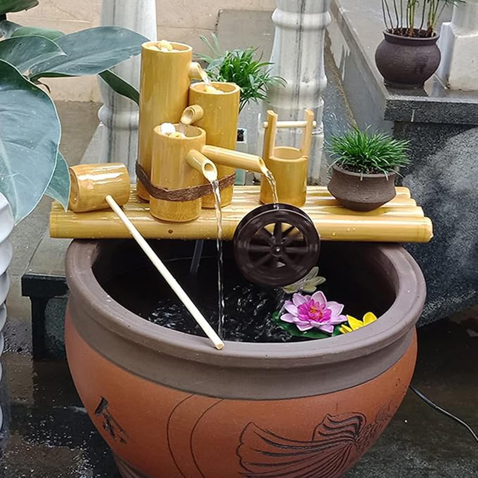 Fontaine d'eau en Bambou Naturel, Fontaine de Jardin Zen, Ornement d'eau en Circuit fermé pour Aquarium, décoration de Bassin, pour Bain d'oiseaux, étang, Cour, Jardin, 80 cm x 80