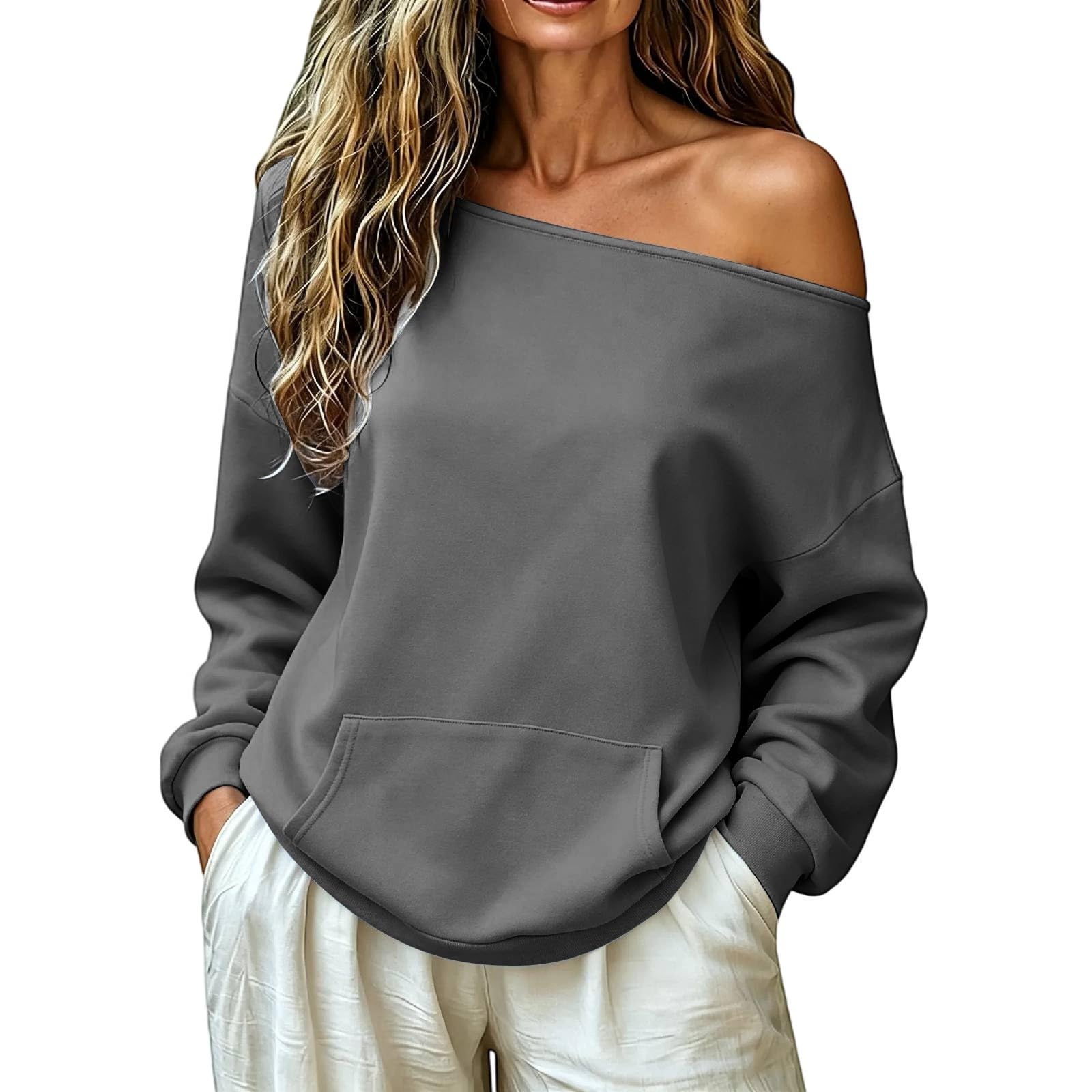 Maglia da donna a maniche lunghe, con spalle scoperte, casual, streetwear