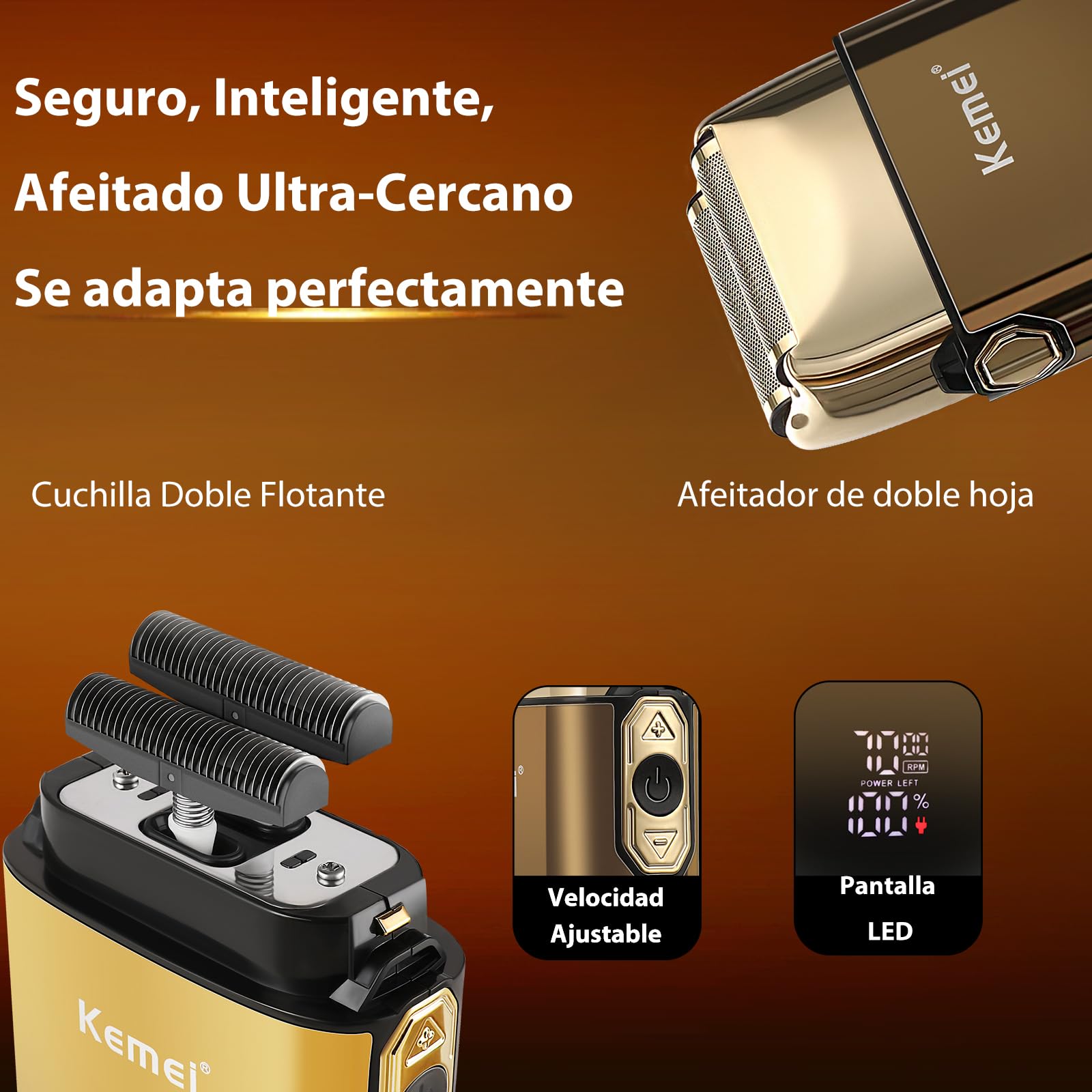 KEMEI Afeitadora eléctrica para hombres con cuchillas dobles flexibles, recortadora de barba, cortapelos y pelo, juegos de cuidado recargable, resistente al agua, Golden
