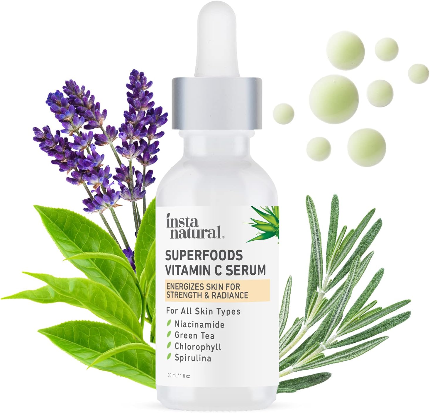 Superfood Vitamin C Face Serum - Anti Aging & Brightening Skin Care for Glowing Skin & Discoloration - Line & Wrinkle Reducer Facial Treatment - With Hyaluronic Acid, Niacinamide & Green Tea - 1 oz