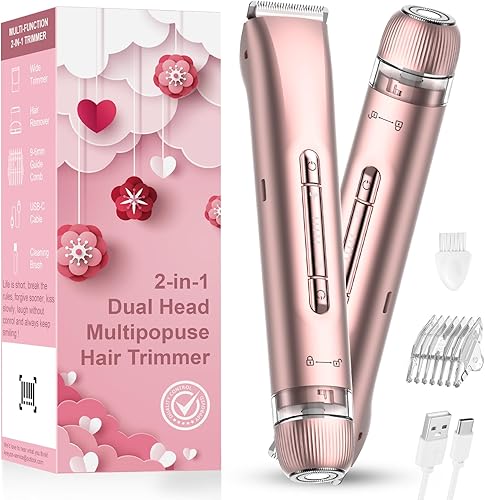Bikini Trimmer for Women - Electric Razors for Women | Dual Head Electric Shaver for Ladies for Facial Hair Removal, IPX7 Waterproof, Painless & Flawless, USB Rechargeable, for Face, Bikini, Body, Leg