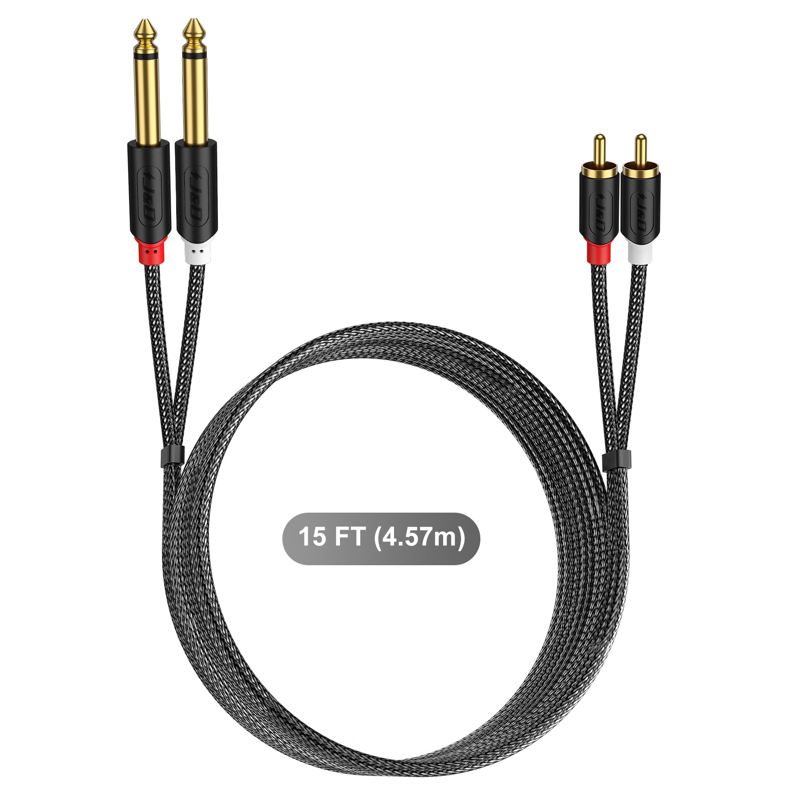 J&D RCA vers Jack 6,35mm Câble 4,5M, RCA Câble Plaqué Or Série Audiowave 2 x 6,35mm (1/4 Pouce) Mâle TS à 2 RCA Mâle PVC Décortiqué Adaptateur Audio stéréo Y Splitter RCA Câble avec Tresse en Nylon