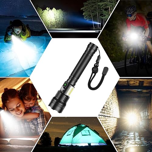 Miniatura 8 de KZK Linternas LED recargables de alto lúmenes, linterna USB extremadamente brillante, 10,000 lúmenes con luz de trabajo COB, 10 modos y luz de flash
