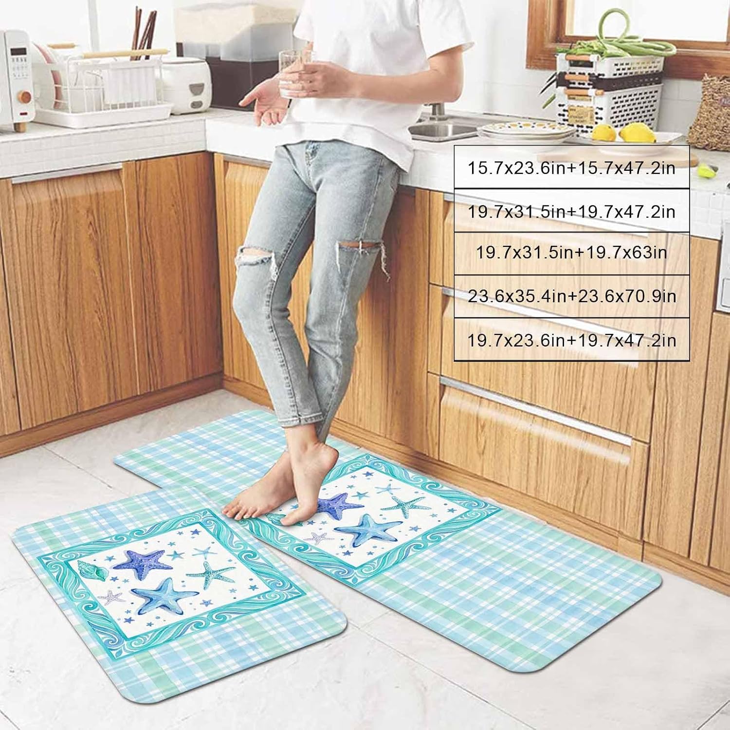 Summer Marine Life Kitchen Mat Set 2 Pieces Watercolor Starfish Green Blue Border Plaid Non Slip Kitchen Rugs Washable Runner Rug Mats for Floor Sink Laundry Office 19.7" x 31.5"+19.7" x 63"