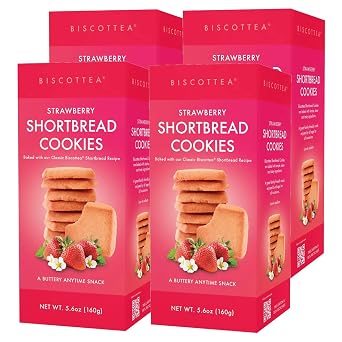 BISCOTTEA All-Natural Traditional Strawberry Shortbread Cookies Gourmet Buttery Biscuits Infused with Real Flavors Pack of 4