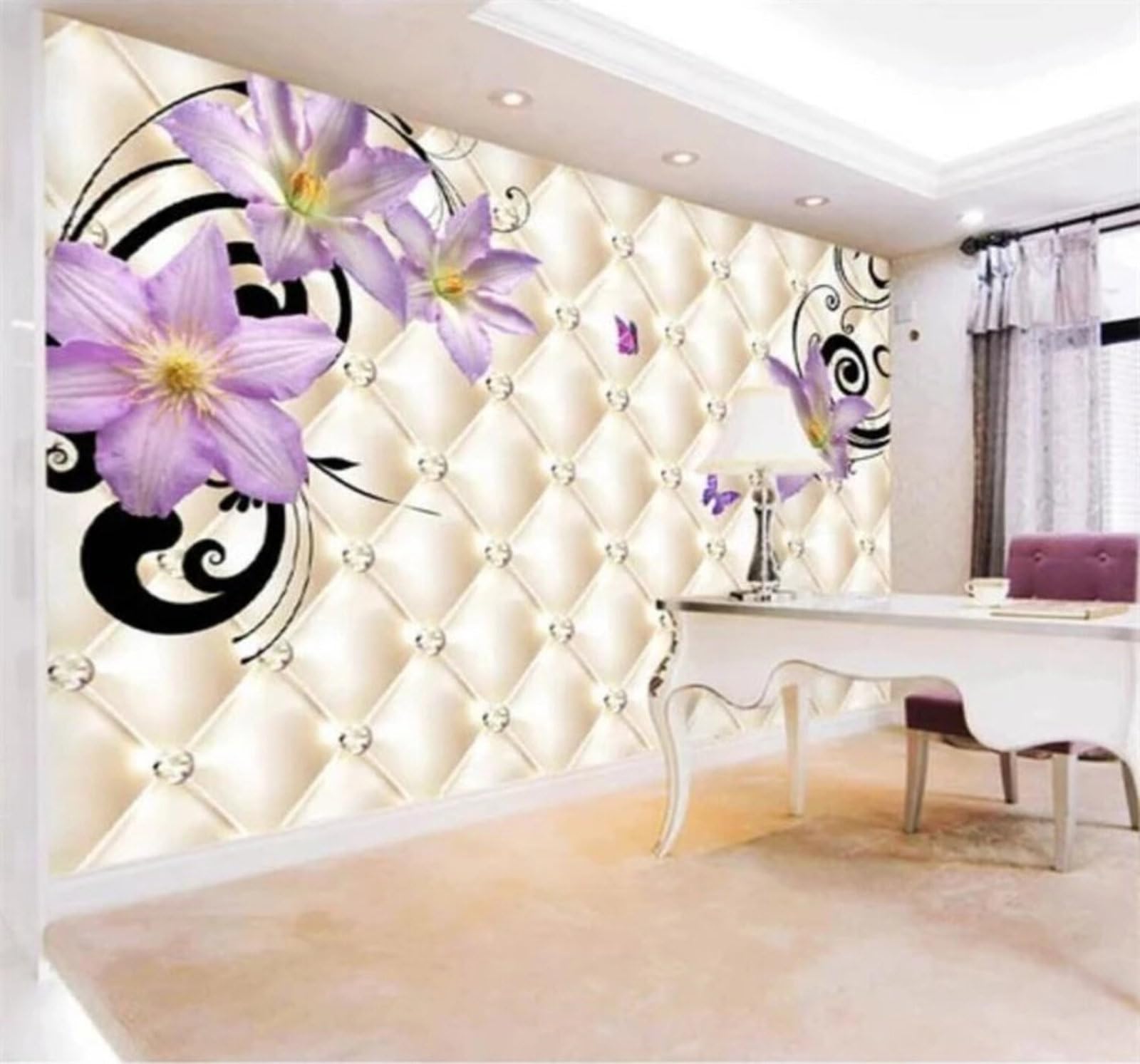 Xlming 430Cm×300Cm(B×H) Three Dimensional Padded Diamond Purple Lilies 3D Wallpaper Luxury Home Dining Decor Paste Sofa Living Room The Wall For Bedroom Mural-430Cm×300Cm
