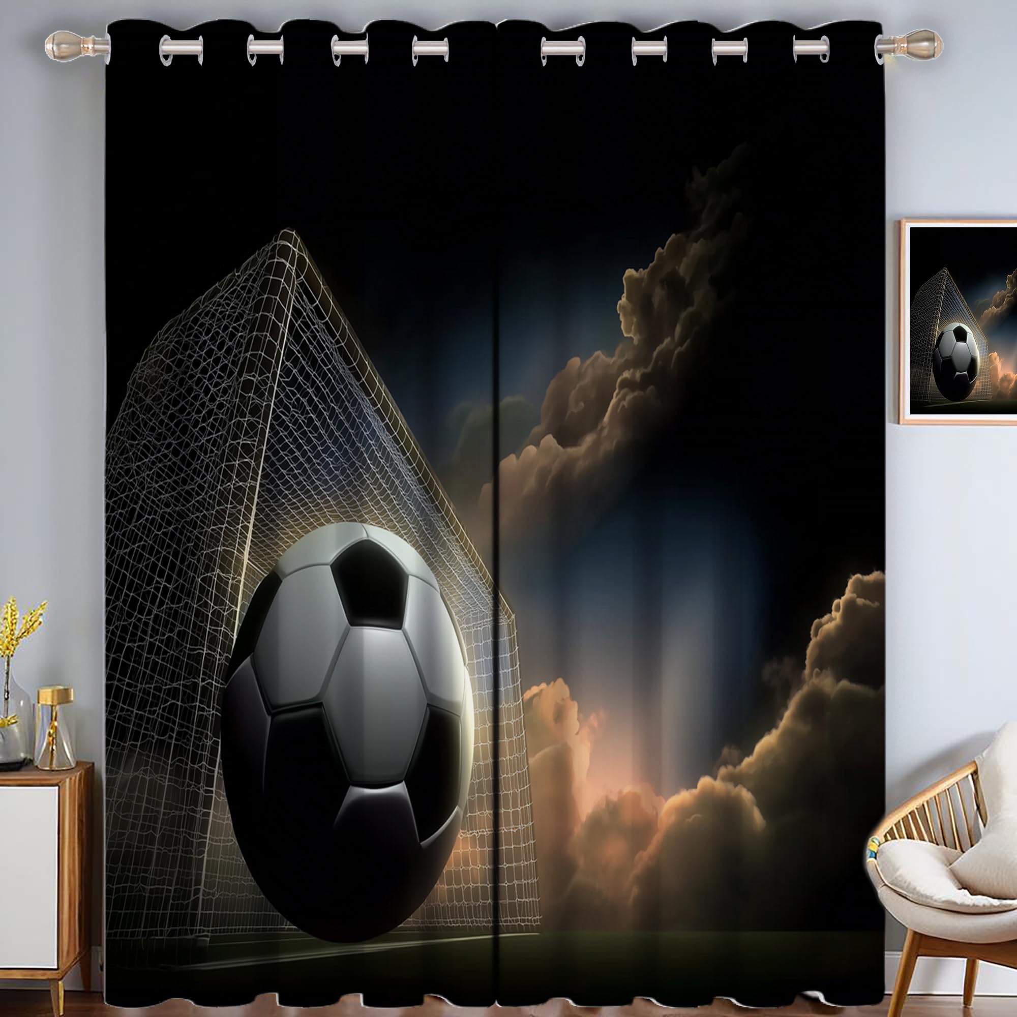 Dark Sky Graphics Verdunkelungsvorhänge Blickdichte Vorhänge Mit Ösen Sport Fußball Thermo Vorhang Schlafzimmer Gardinen Wohnzimmer,H215 X B110 cm,Dunkelblau, 2Er Set
