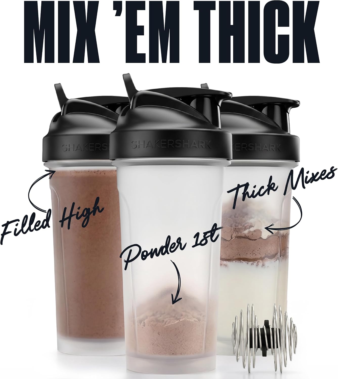Hydra Cup ShakerShark - 2 Pack 28 oz Protein Shaker Bottles for Protein Mixes with 2 Weighted Wire Whisks, Leak Proof Shaker Cups for Protein Shakes and Pre Workout (Grey/Black)