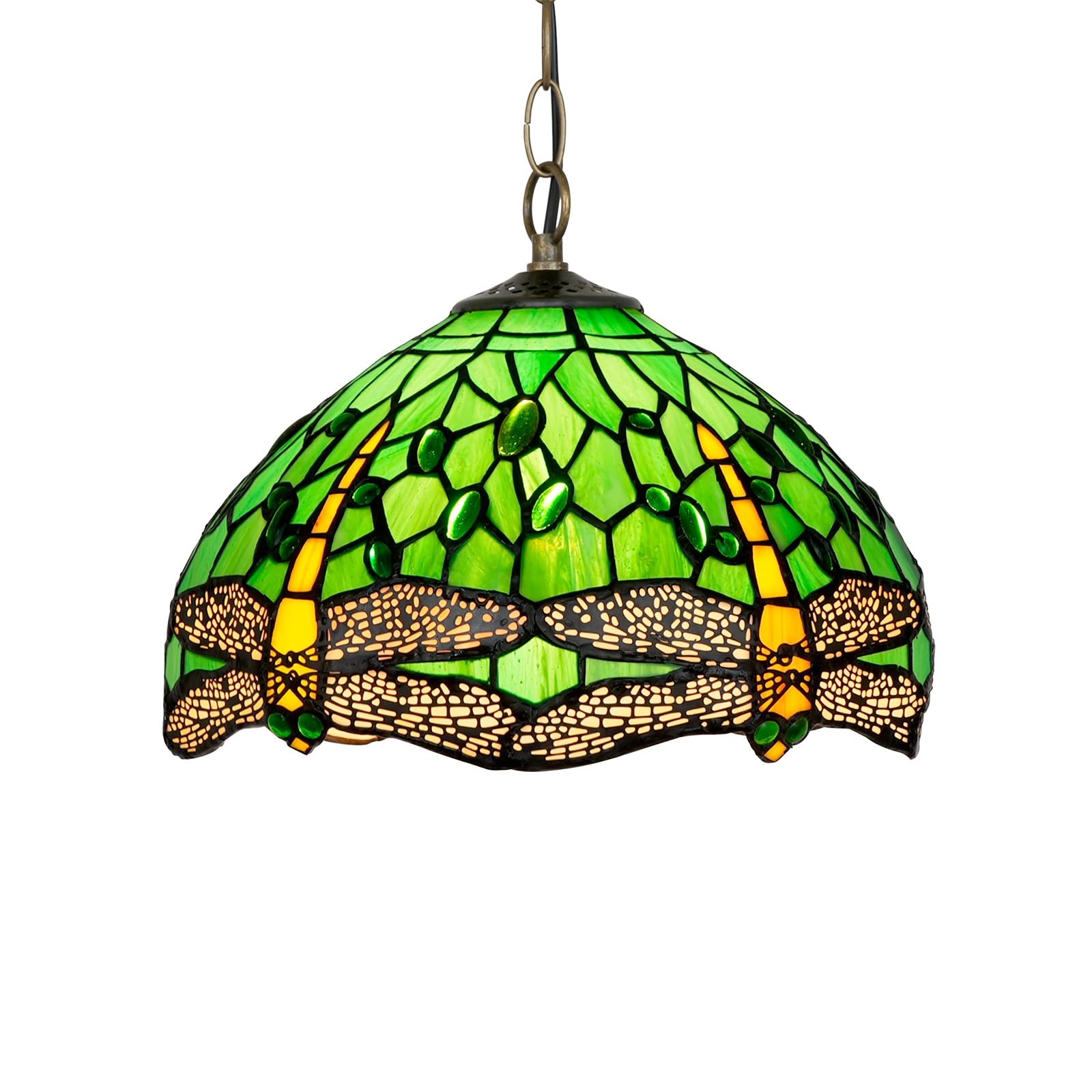 HJRegaFimu 12 Inches Lamp Stained Glass Ceiling Pendant Light Vintage Deco Green Dragonfly Hanging Chandelier For Bedroom Kitchen Island Dining Living Room Corridor