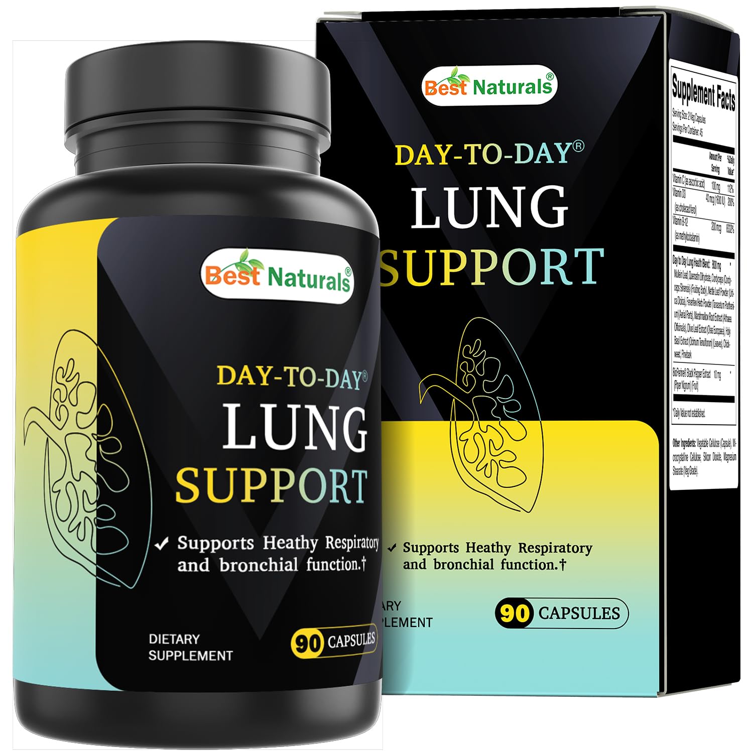 Best Naturals Day-to-Day Lung Support Supplements 90 Veg Cpasules - Made with Mullein, Quercetin, Cordyceps, Nettle, Feverfew, Marshmallow, Olive Leaf Extract 90 Count (Pack of 1)