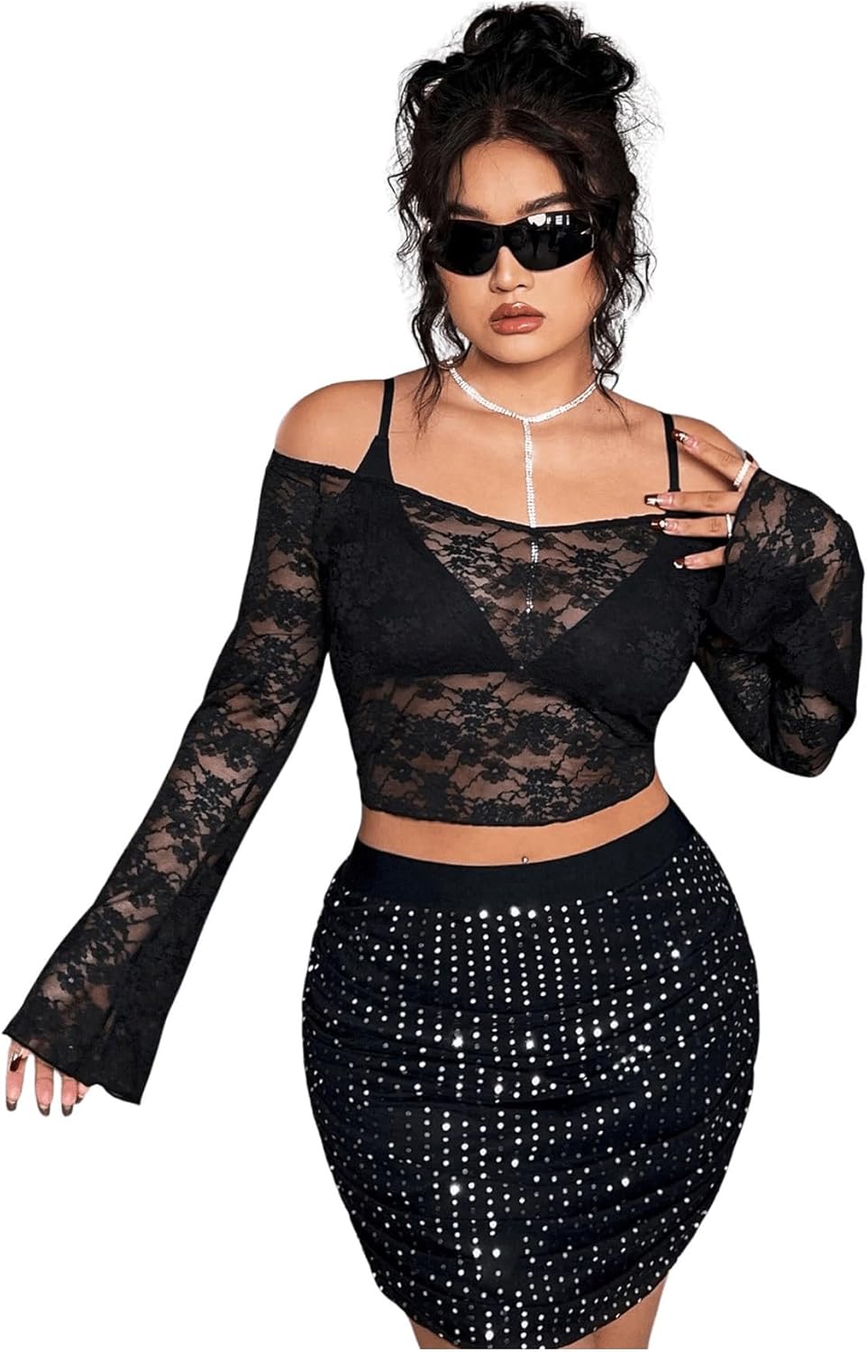 SHENHE Women's Plus Size Lace Tops Bell Sleeve Off The Shoulder Sexy Sheer Rave Crop Tops - Image 4
