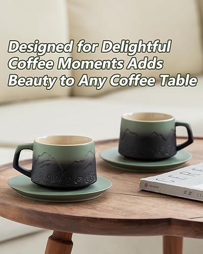 Miniatura 9 de ZENS Juego de 4 tazas de capuchino de 8 onzas, taza de capuchino artística en relieve con platillos para arte con leche, tazas de café de cerámica