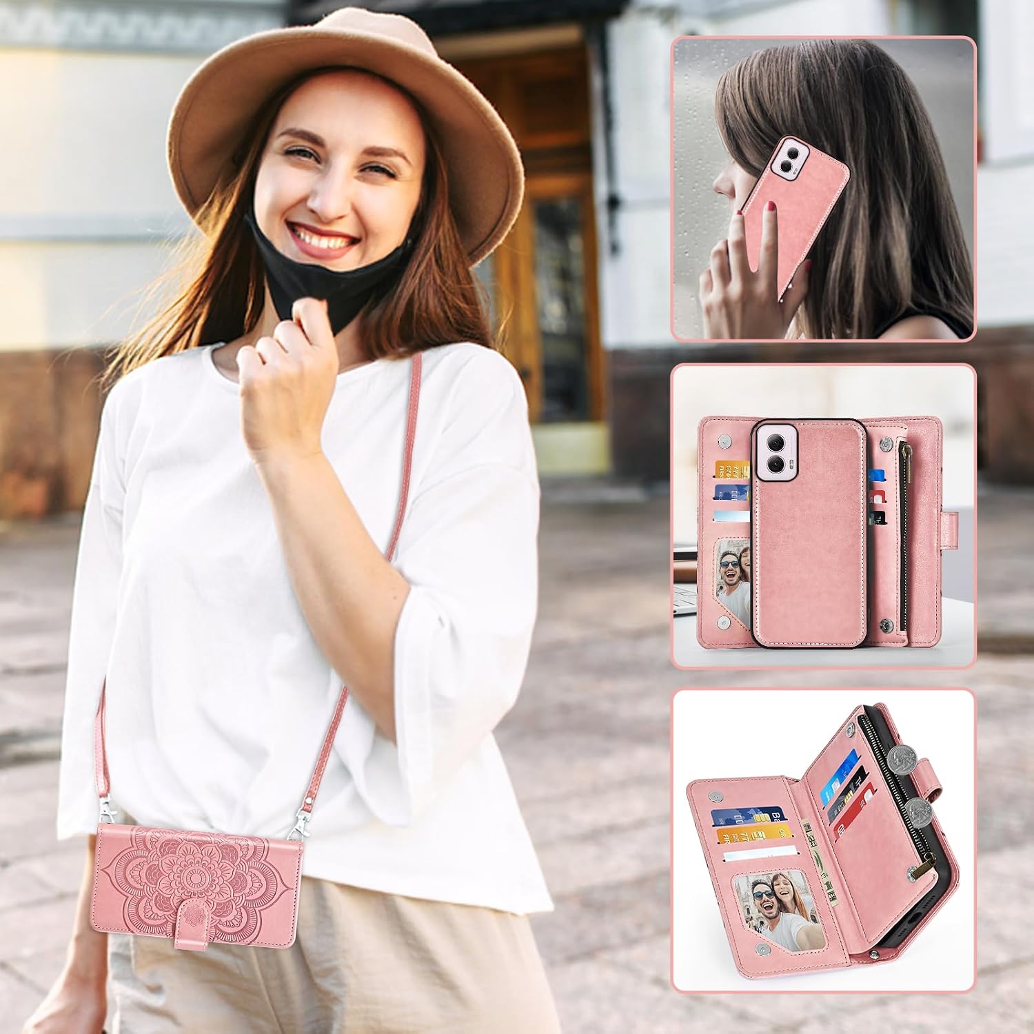 Asuwish Phone Case for Motorola Moto G Power 5G 2024 Zipper Wallet Magnetic Detachable Cell Cover with Tempered Glass Screen Protector Crossbody Strap Mandala Flower Card Holder G5 Women Men Rose Gold