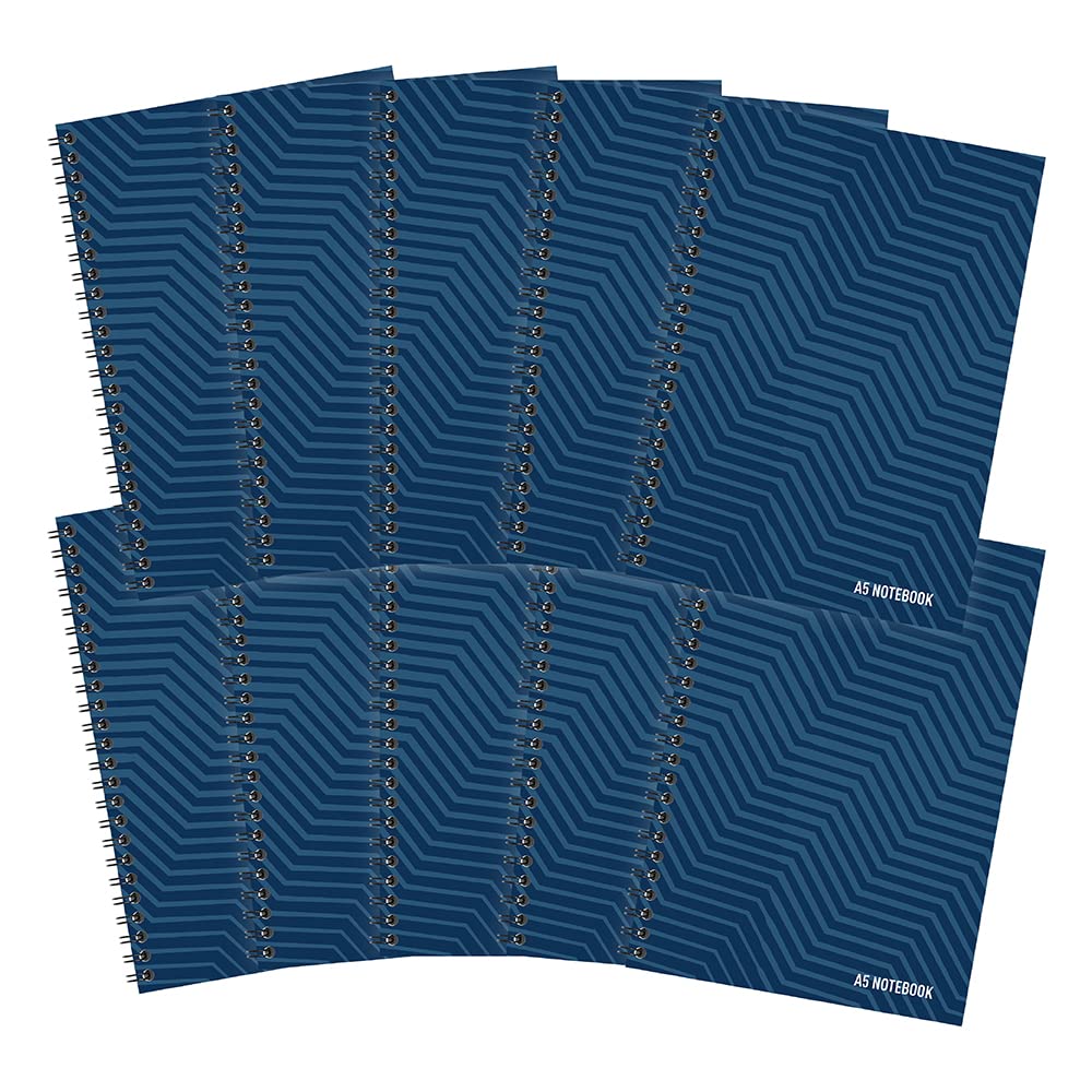 Summit A5 Notebook, Wirebound, 8 mm Lined, 100 pages, Pack of 10 Notepads, Card Cover, 4-Hole Punch, Navy