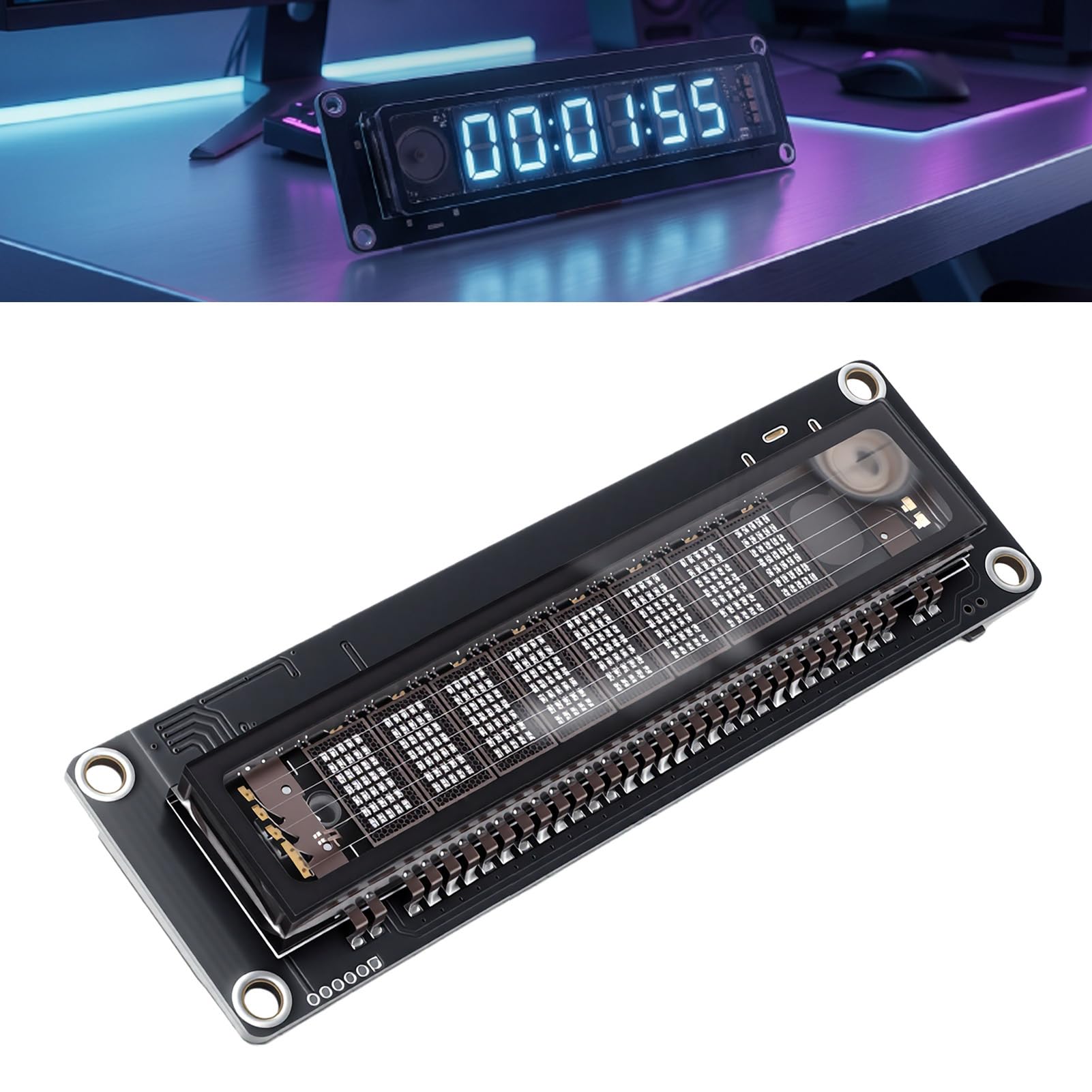 Orologio con Display Fluorescente Design Cyberpunk Calibrazione Intelligente della Temporizzazione per Decorazioni da Scrivania per Sala Giochi 35mAh