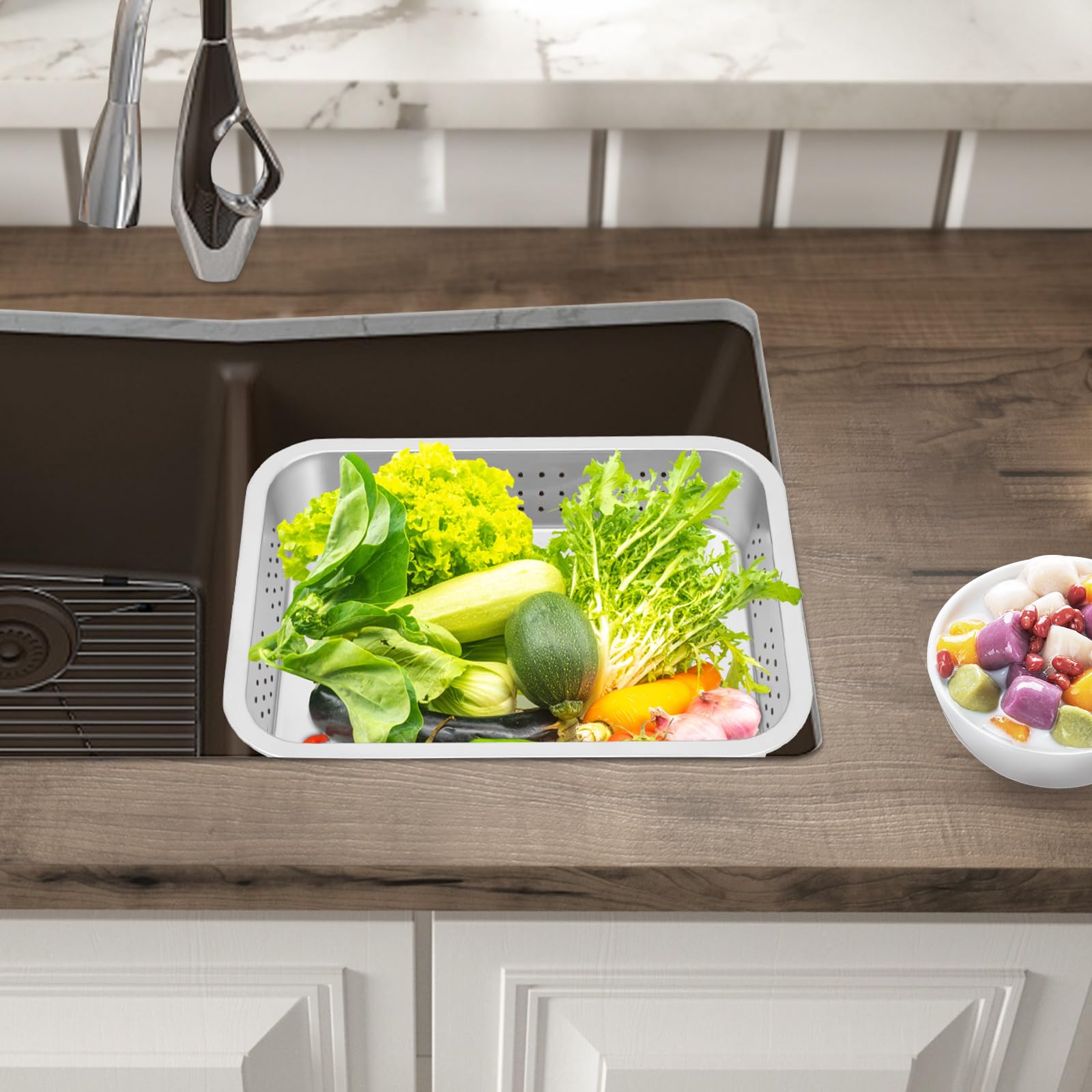 Juego de 2 tamices de cocina de acero inoxidable y cuenco, juego de cuencos para mezclar, colador microperforado, cesta versátil resistente al calor, temperatura 100 ℃, apto para lavavajillas