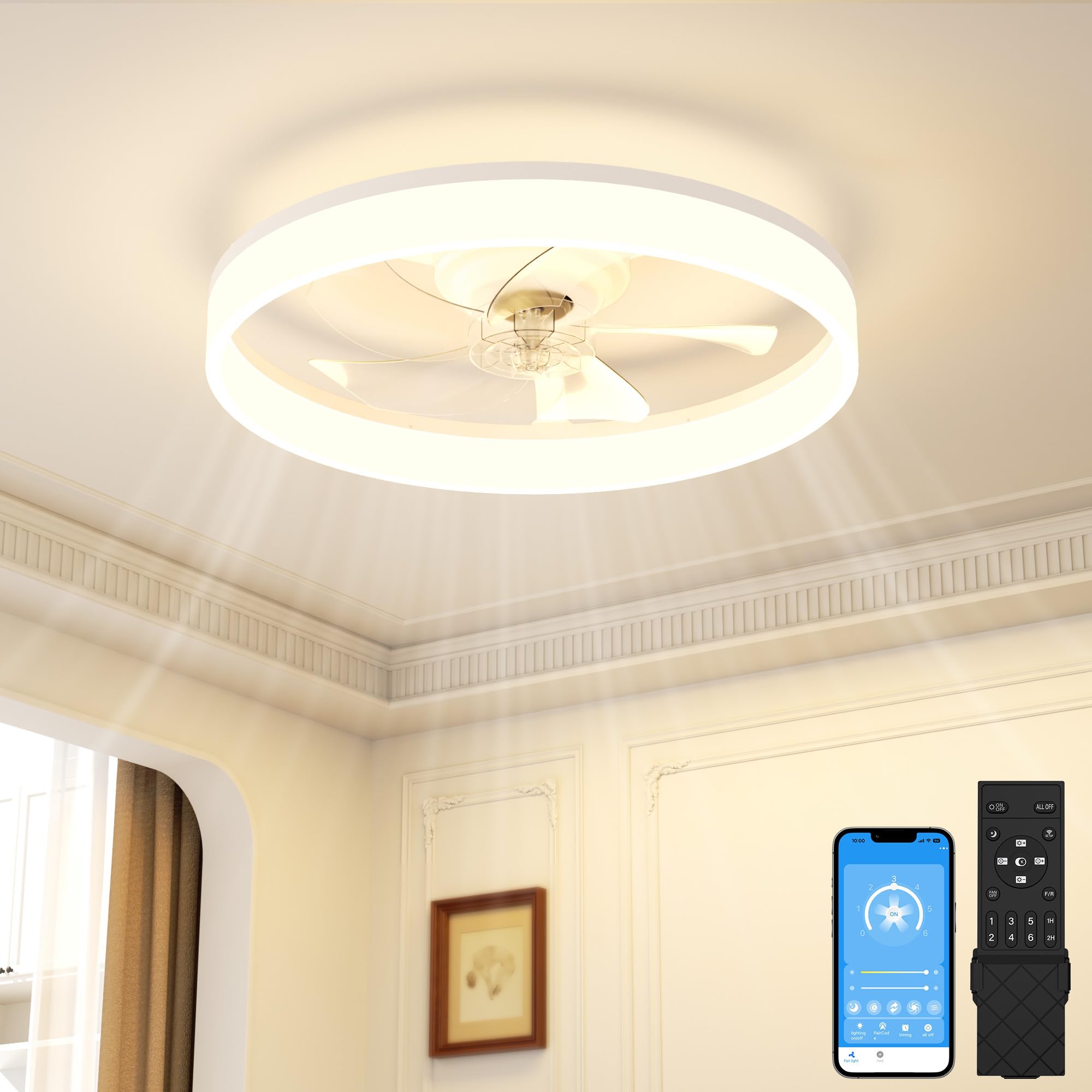 SUNKENET 50cm Ceiling Fans with Lights and Remote, Ceiling Fan Light, 3000K-6500K Dimmable Smart LED Fan Light, 6 Wind Speeds & Reversible, White Modern Fan Light Ceiling for Bedroom