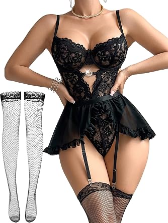Alrovetoney Women Lingerie with Garter Belt 4pcs Set Lace Contrast Mesh Bodysuit Ruffle Garter Belt Skirt With Stockings