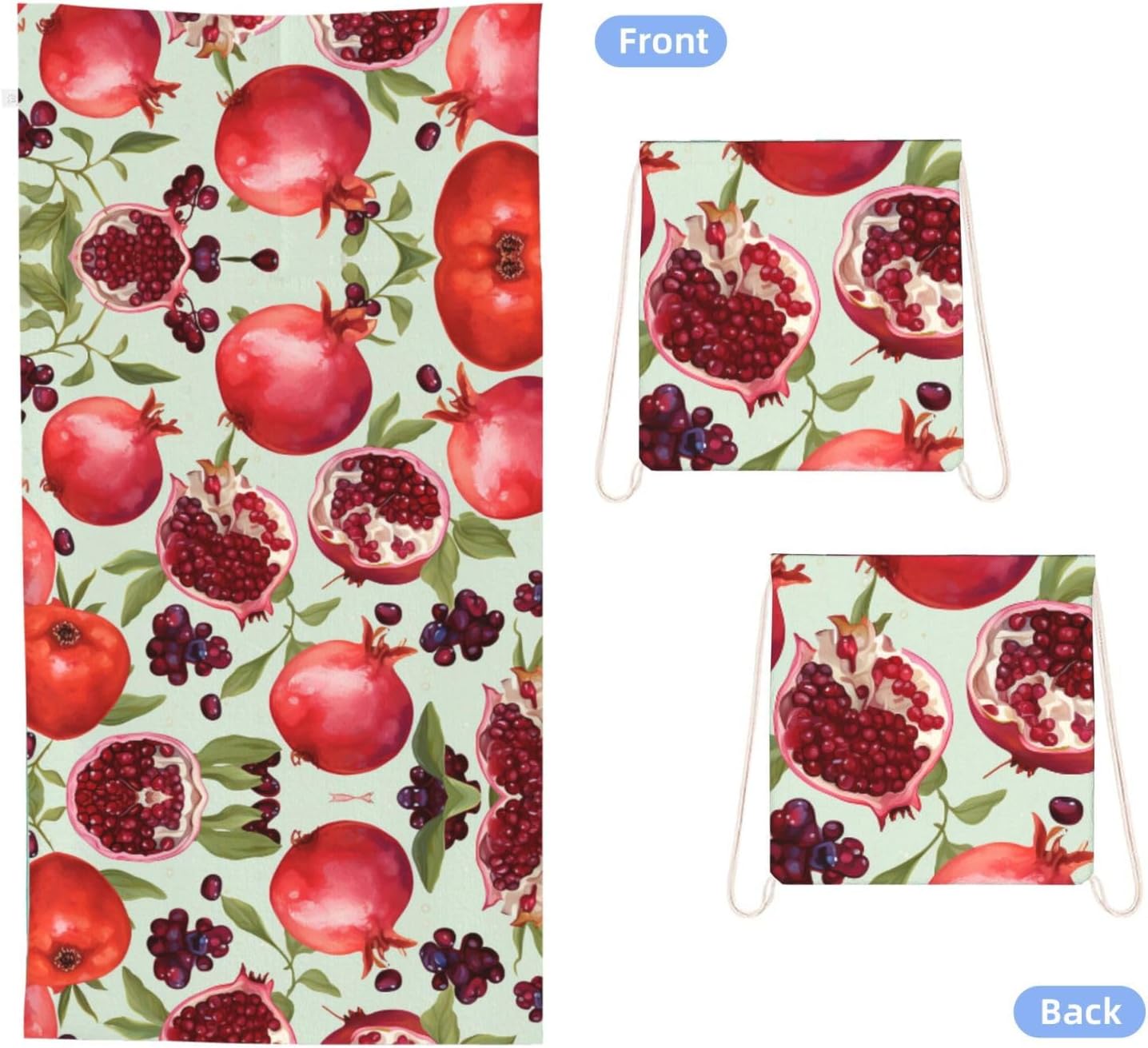 2 in 1 Packable Towel Bag,Soft Absorbent Pool Towels Backpack Quick Dry Lightweight Beach Towels Pomegranate Pattern Drawstring Bag for Travel Camping Sports Picnic image 2