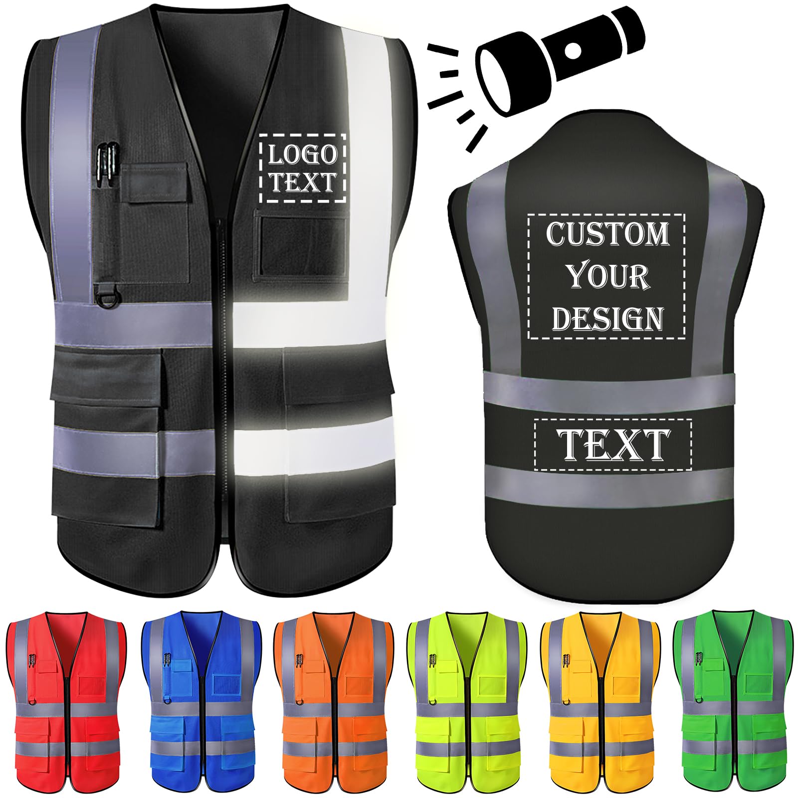 PFTPOW Custom Safety Vest for Men Personalized High Visibility Vest Workwear with Reflective Strip 5 Pockets