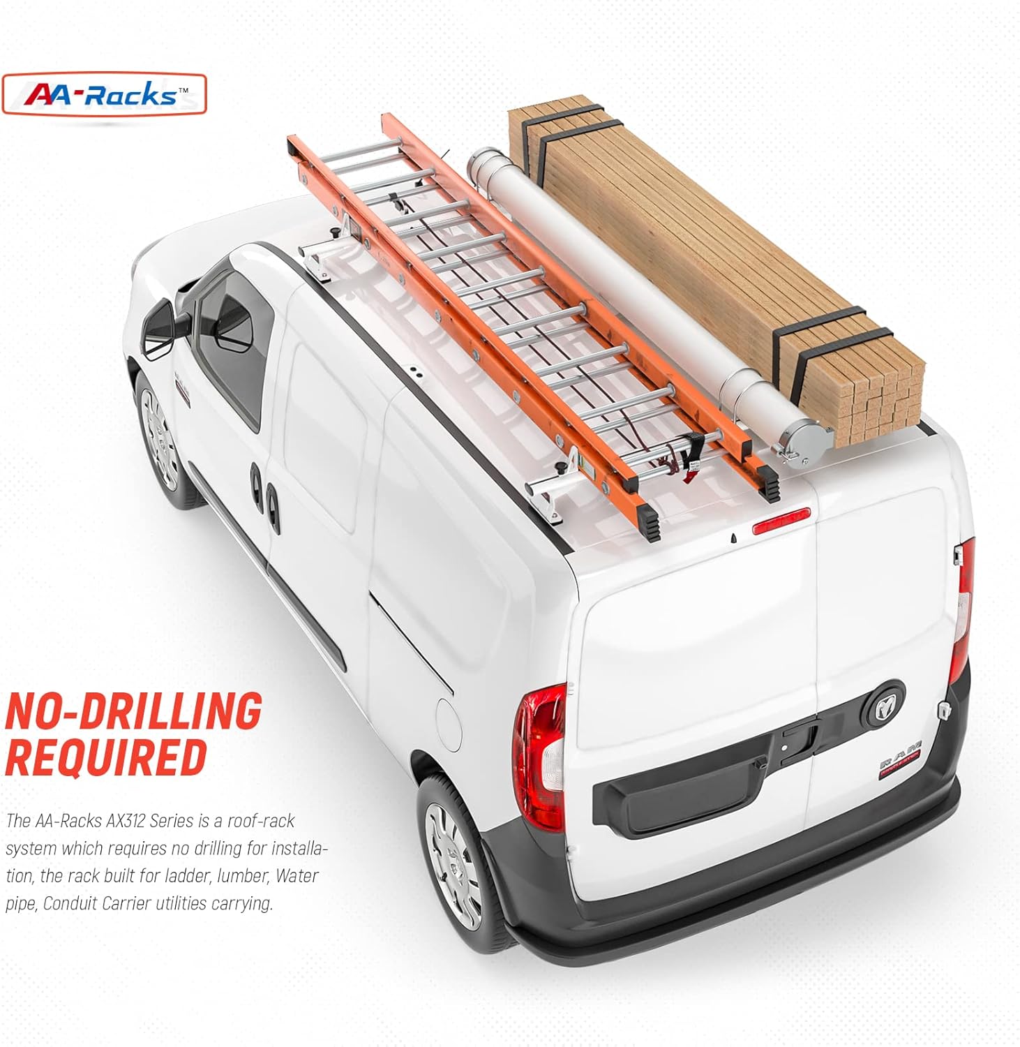 AA-Racks Model AX312-PR RAM ProMaster City 2015-On Aluminum 2 Bar (50") Van Roof Rack System w/Ladder Stopper White