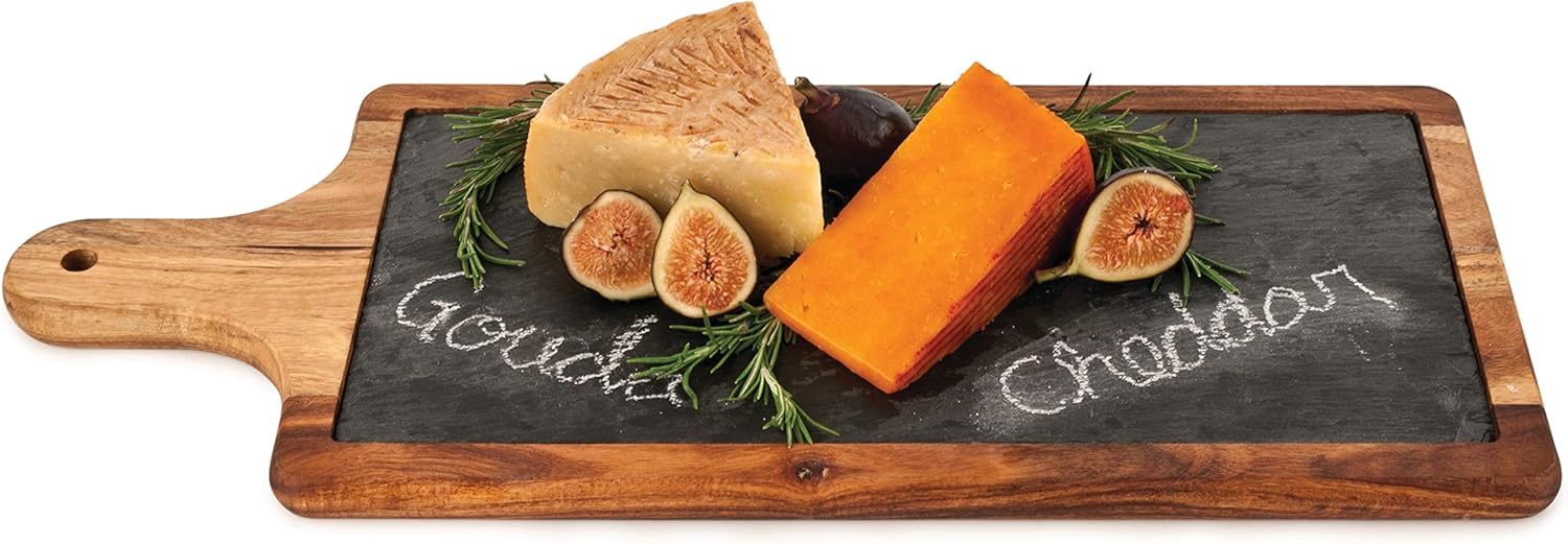 Twine Acacia Wood and Slate Cheese Board Paddle, Charcuterie Board, Slate Serving Board, 17.8"x7.1", Gourmet Gift Set