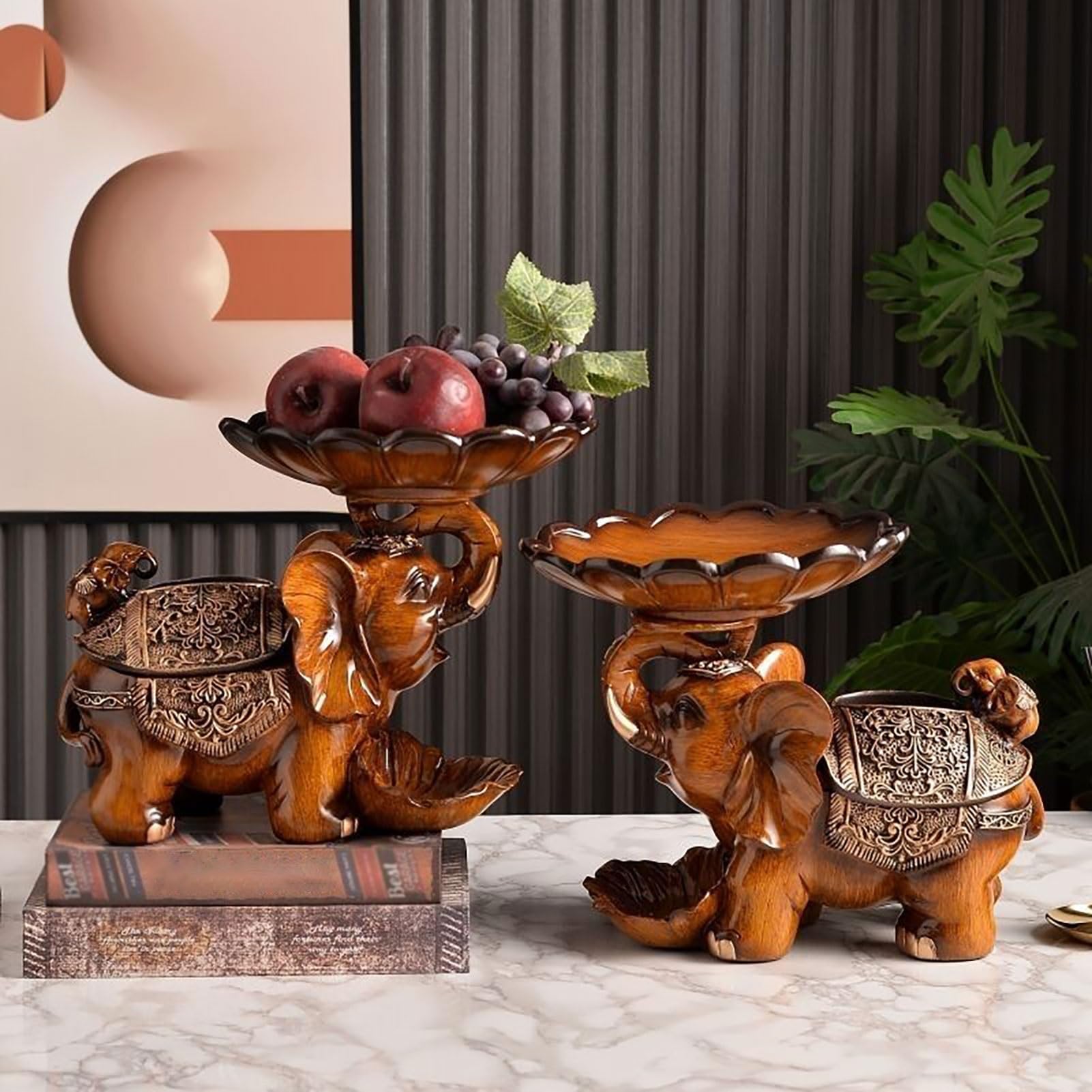 Pokrowiec Na Pudełko Chusteczek 3 W 1 W Kształcie Słonia, Ozdobny Pojemnik Na Chusteczki Z Żywicy, Organizer Na Przekąski I Owoce W Stylu Vintage Imitacja Drewna Do Przechowywania W Domu