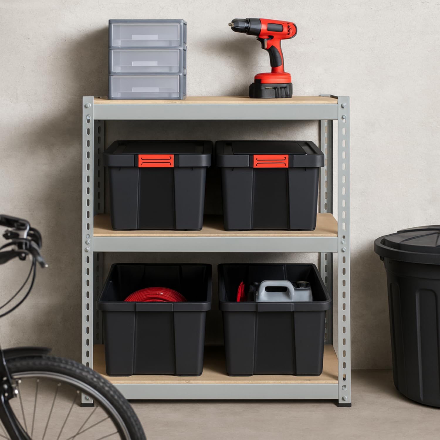 PALUPLUS 3 Contenitori Multiuso Neri da 55 Litri, misura 56x44x30,5 cm, Scatola con Coperchio e Chiusura a Scatto Rossa Soft Touch, Box Impilabile per Garage, Fai da Te, Made in Italy -1648C -6,9