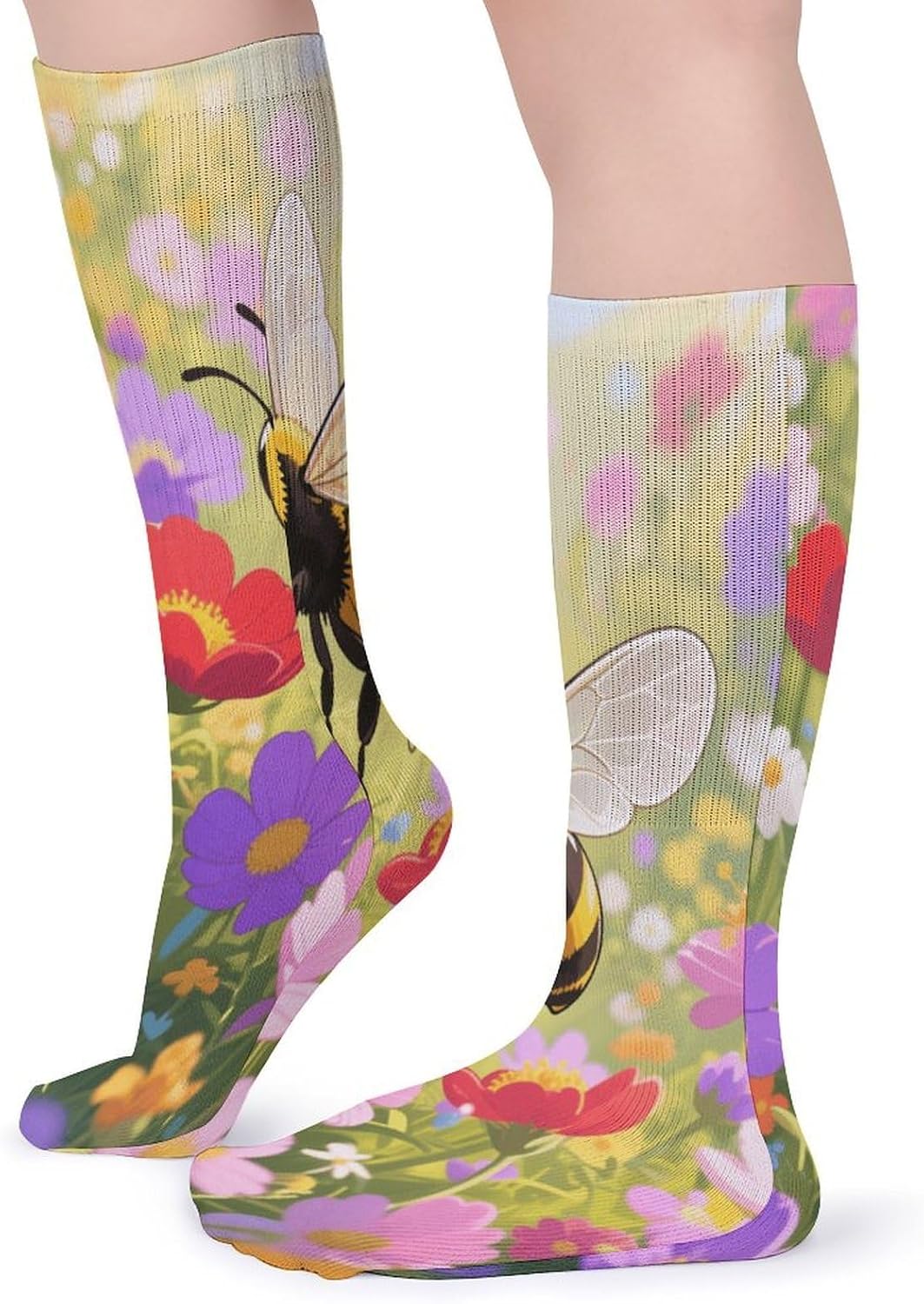 Flower Bees Crew Socks High Stocking Thermal Socks | Tube Socks-Breathable-Moisture-Soft-wicking for Hospital Pilates Yoga for women men Grippy for office and daily walking
