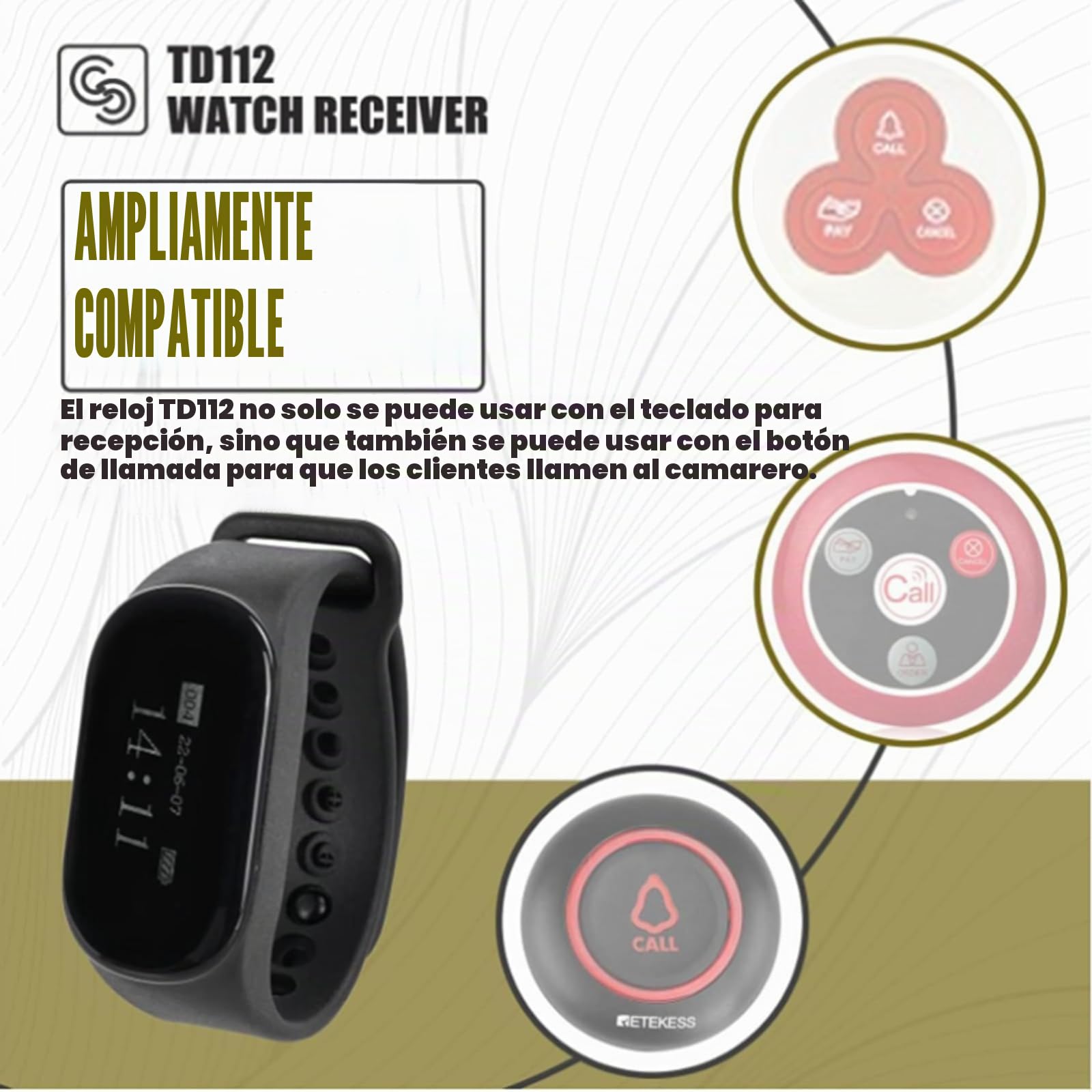 Retekess T128 Sistema de Llamadas Inalámbricas, Receptor Reloj Recargable | para Restaurante, Hotele, Bare, 300M Distancia, 48H, Impermeable IPX7, 7 Idiomas Integrados, Uno a Muchos