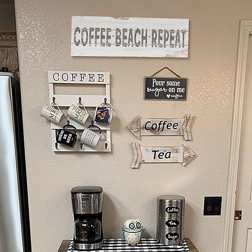Miniatura 3 de Letrero retro con texto en inglés "Coffee Beach Repeat" Shabby Chic Coastal Bar Decor Words Prints on Wood Grain Canvas Country Seaside Coffee Shop
