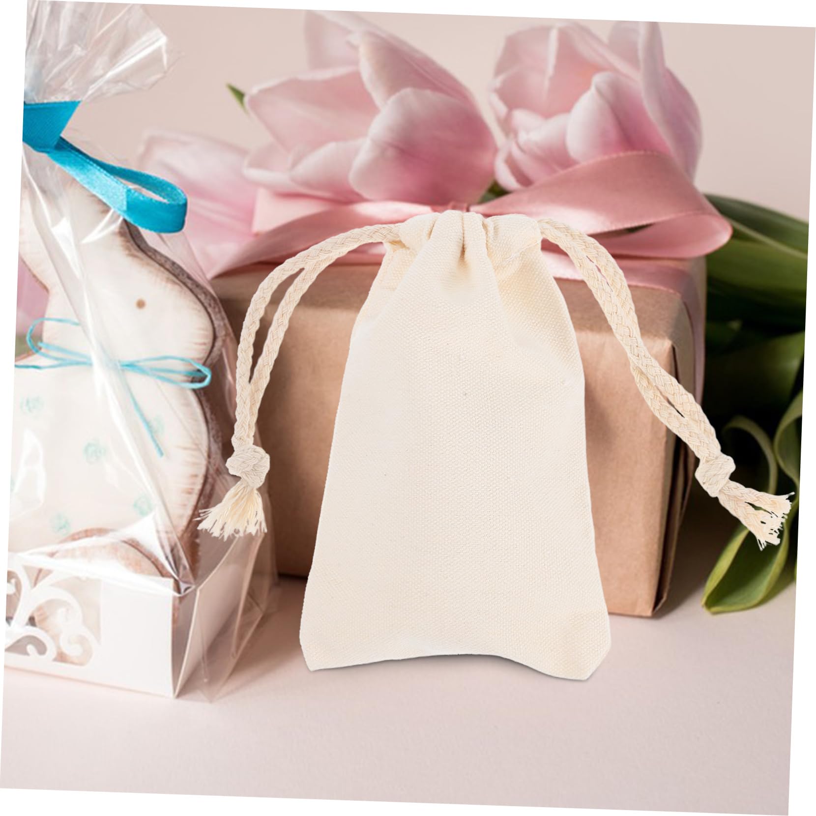 Paquet à Cordon de Rangement Beige en Tissu 50 Pièces pour Fête et Mariage