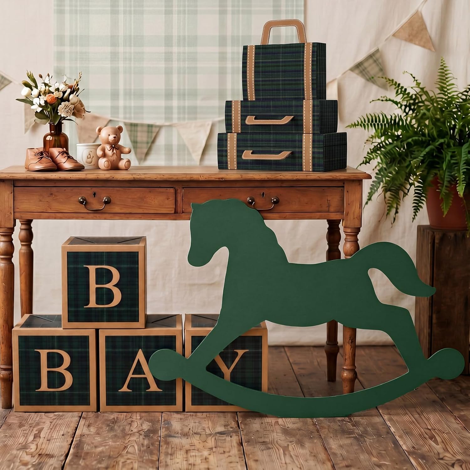 ReliThick 8 Pcs Green Tartan Baby Shower Decor Kit with 3 Pack Suitcase Boxes 4 Pack Baby Letter Boxes Rocking Horse Card Vintage Green Plaid Party Supplies for Birthday Party Decor